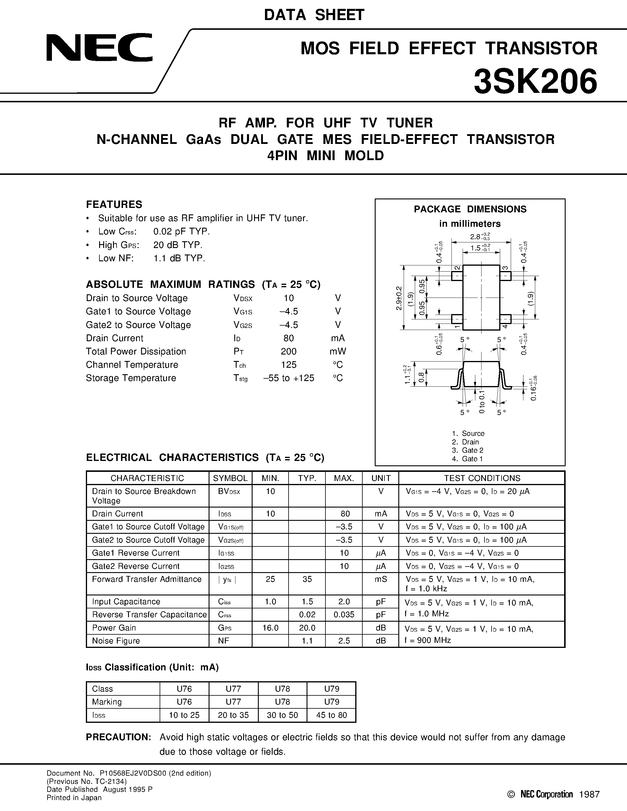 Datasheet 3SK206 - RF AMP. FOR UHF TV TUNER N-CHANNEL GaAs DUAL GATE MES FIELD-EFFECT TRANSISTOR 4PIN MINI MOLD page 1