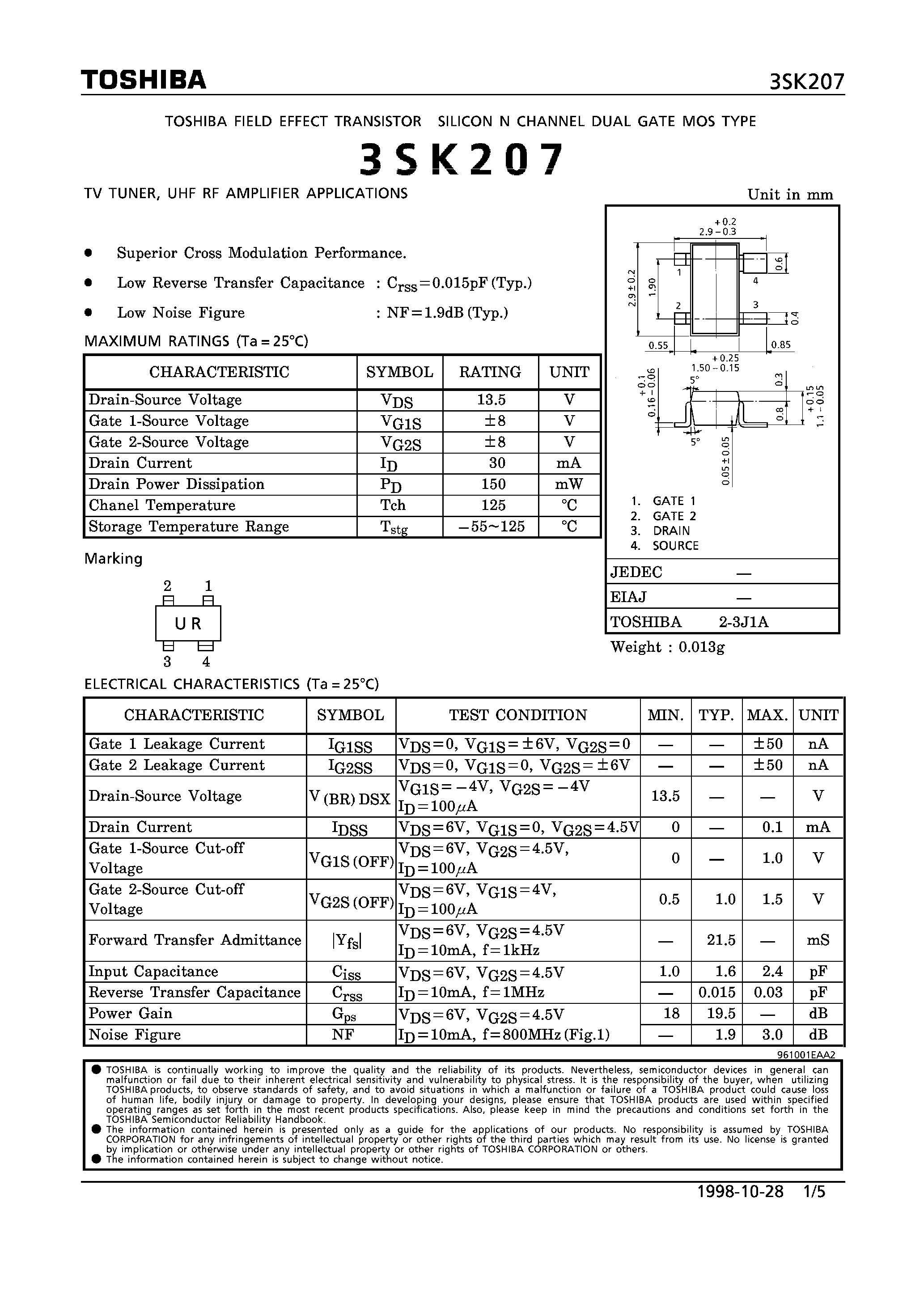 Datasheet 3SK207 - N CHANNEL DUAL GATE MOS TYPE (TV TUNER/ UHF RF AMPLIFIER APPLICATIONS) page 1