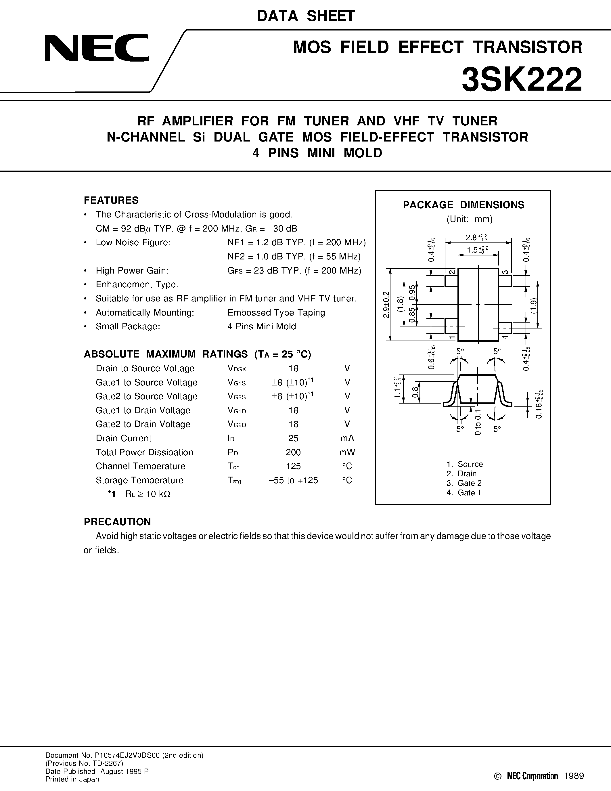 Datasheet 3SK222 - RF AMPLIFIER FOR FM TUNER AND VHF TV TUNER N-CHANNEL Si DUAL GATE MOS FIELD-EFFECT TRANSISTOR 4 PINS MINI MOLD page 1