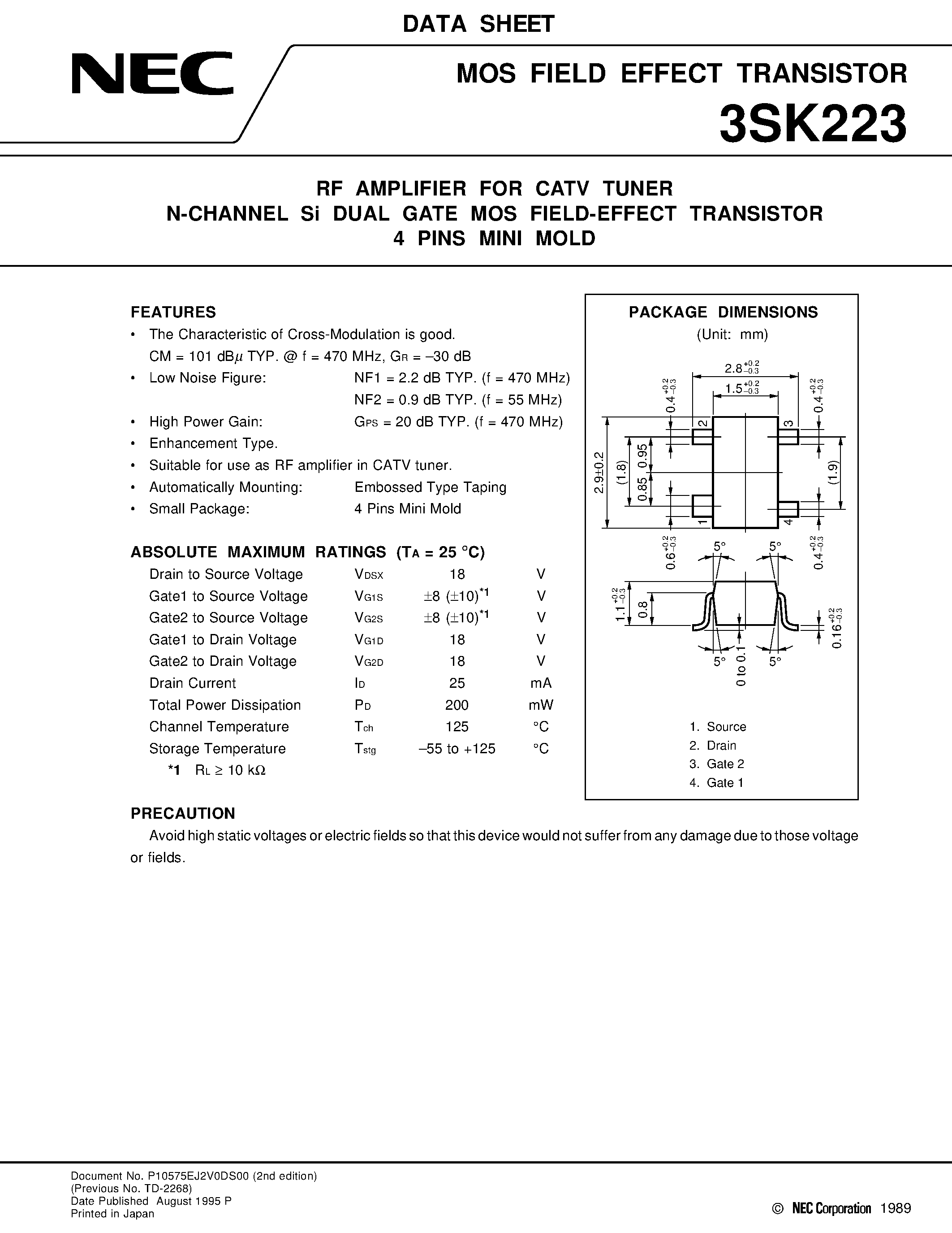 Datasheet 3SK223 - RF AMPLIFIER FOR CATV TUNER N-CHANNEL Si DUAL GATE MOS FIELD-EFFECT TRANSISTOR 4 PINS MINI MOLD page 1