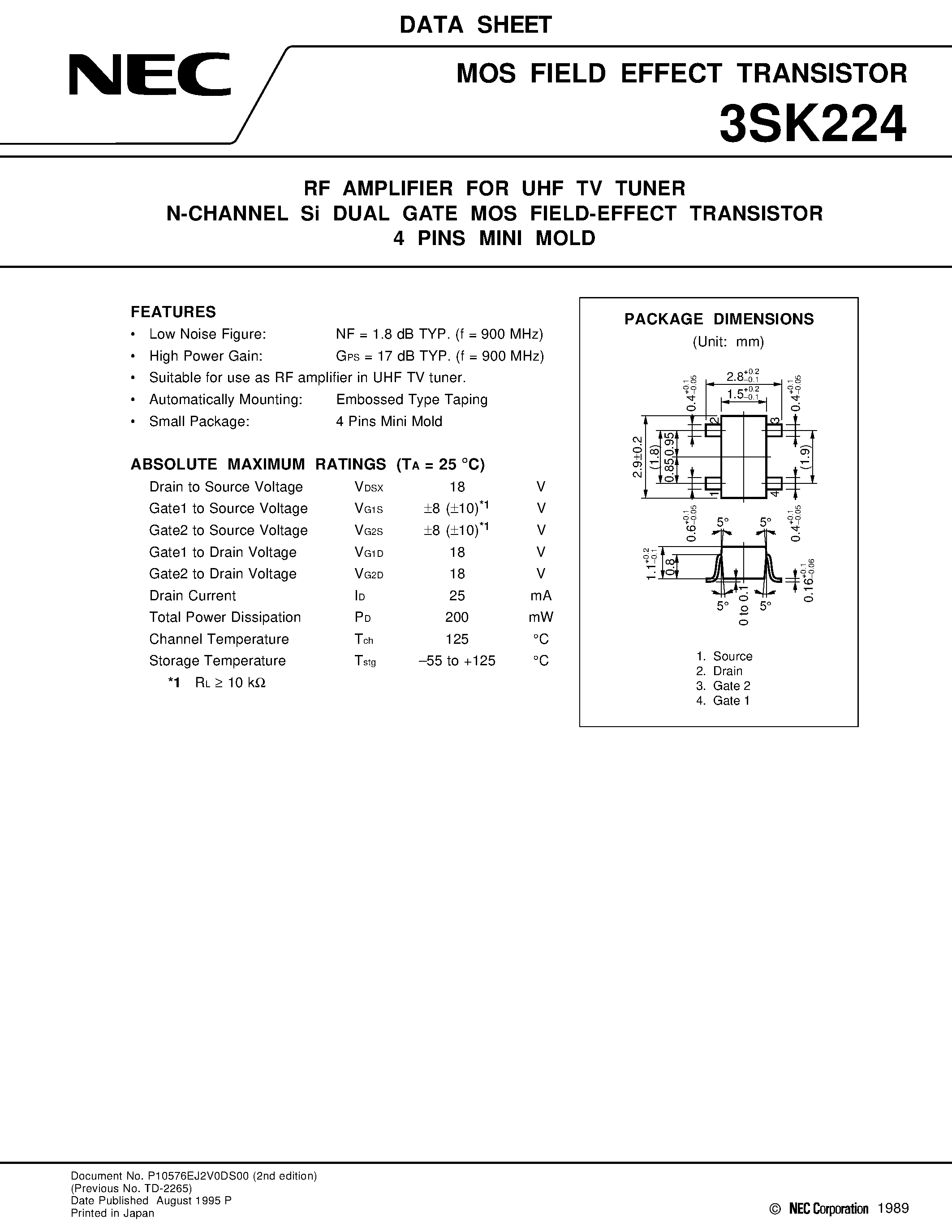 Datasheet 3SK224 - RF AMPLIFIER FOR UHF TV TUNER N-CHANNEL Si DUAL GATE MOS FIELD-EFFECT TRANSISTOR 4 PINS MINI MOLD page 1