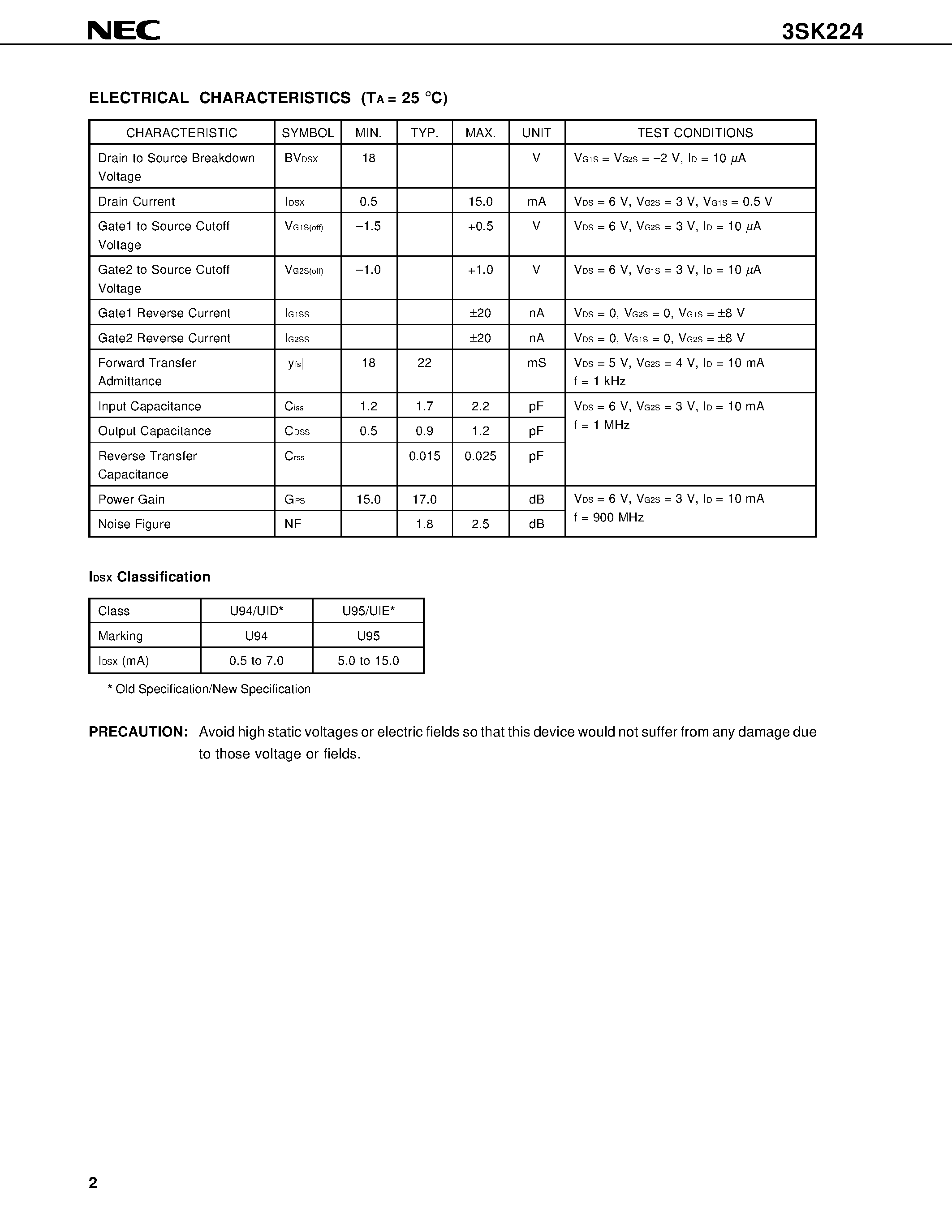 Datasheet 3SK224 - RF AMPLIFIER FOR UHF TV TUNER N-CHANNEL Si DUAL GATE MOS FIELD-EFFECT TRANSISTOR 4 PINS MINI MOLD page 2