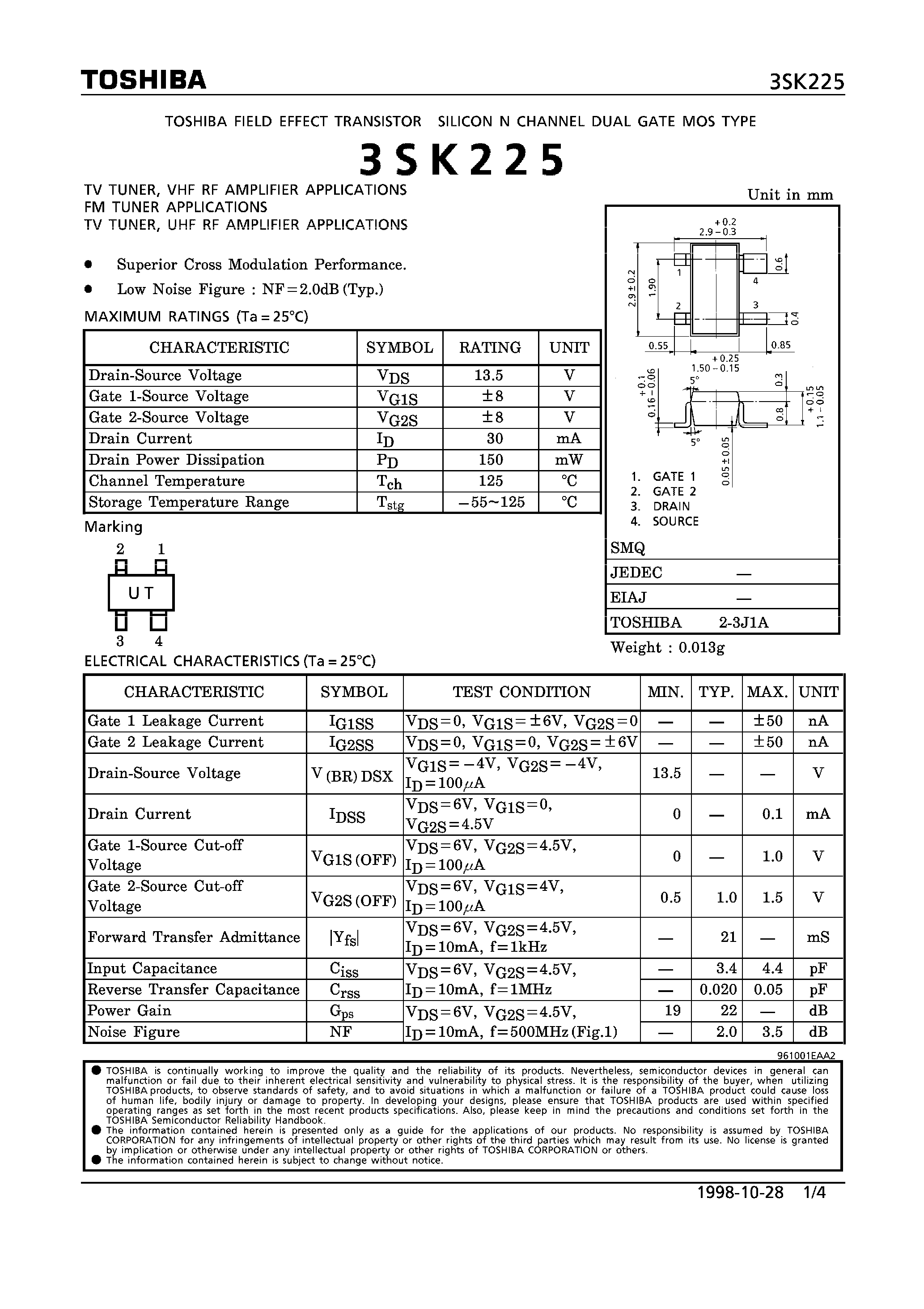 Datasheet 3SK225 - N CHANNEL DUAL GATE MOS TYPE (TV/ FM TUNER VHF RF/ UHF RF AMPLIFIER APPLIATIONS) page 1