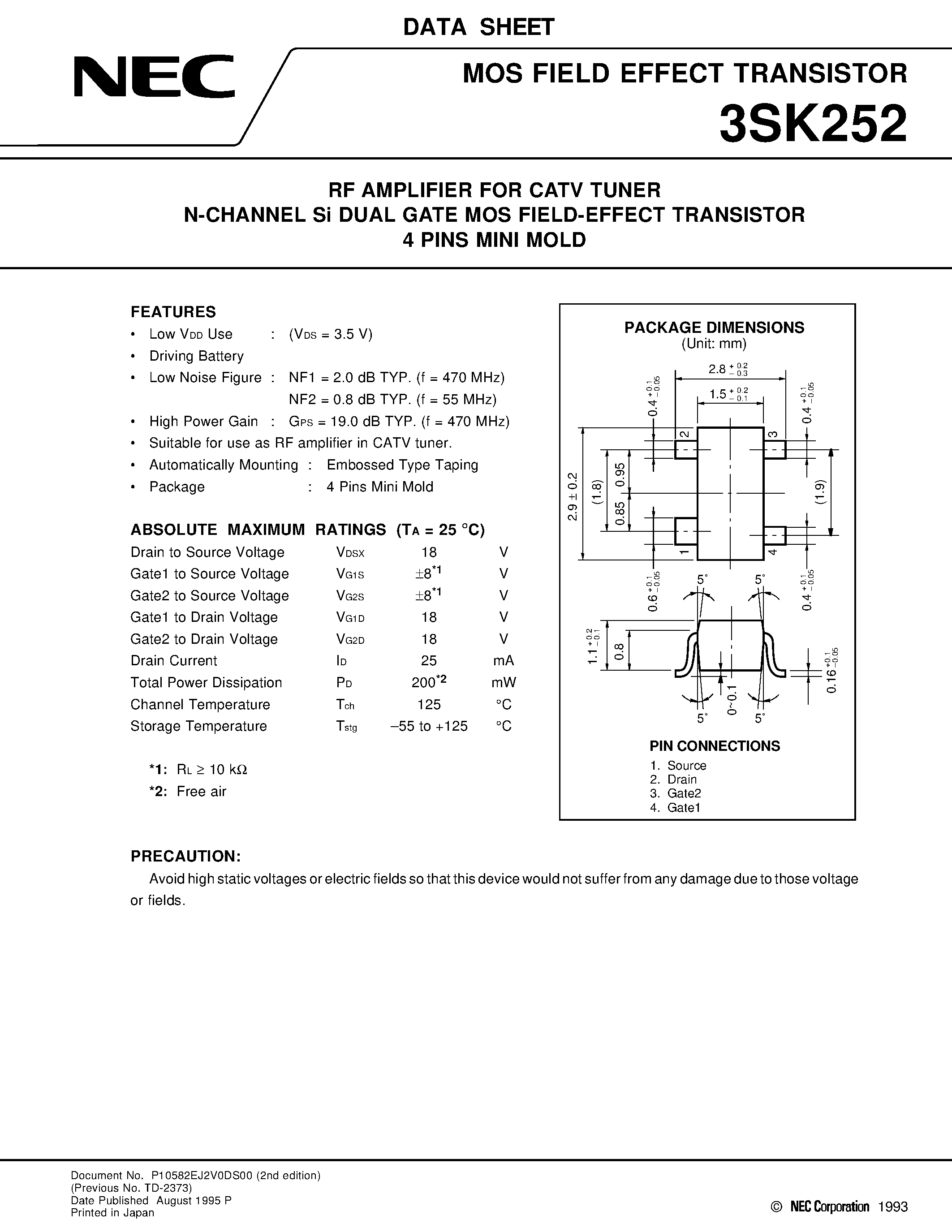 Datasheet 3SK252 - RF AMPLIFIER FOR CATV TUNER N-CHANNEL Si DUAL GATE MOS FIELD-EFFECT TRANSISTOR 4 PINS MINI MOLD page 1