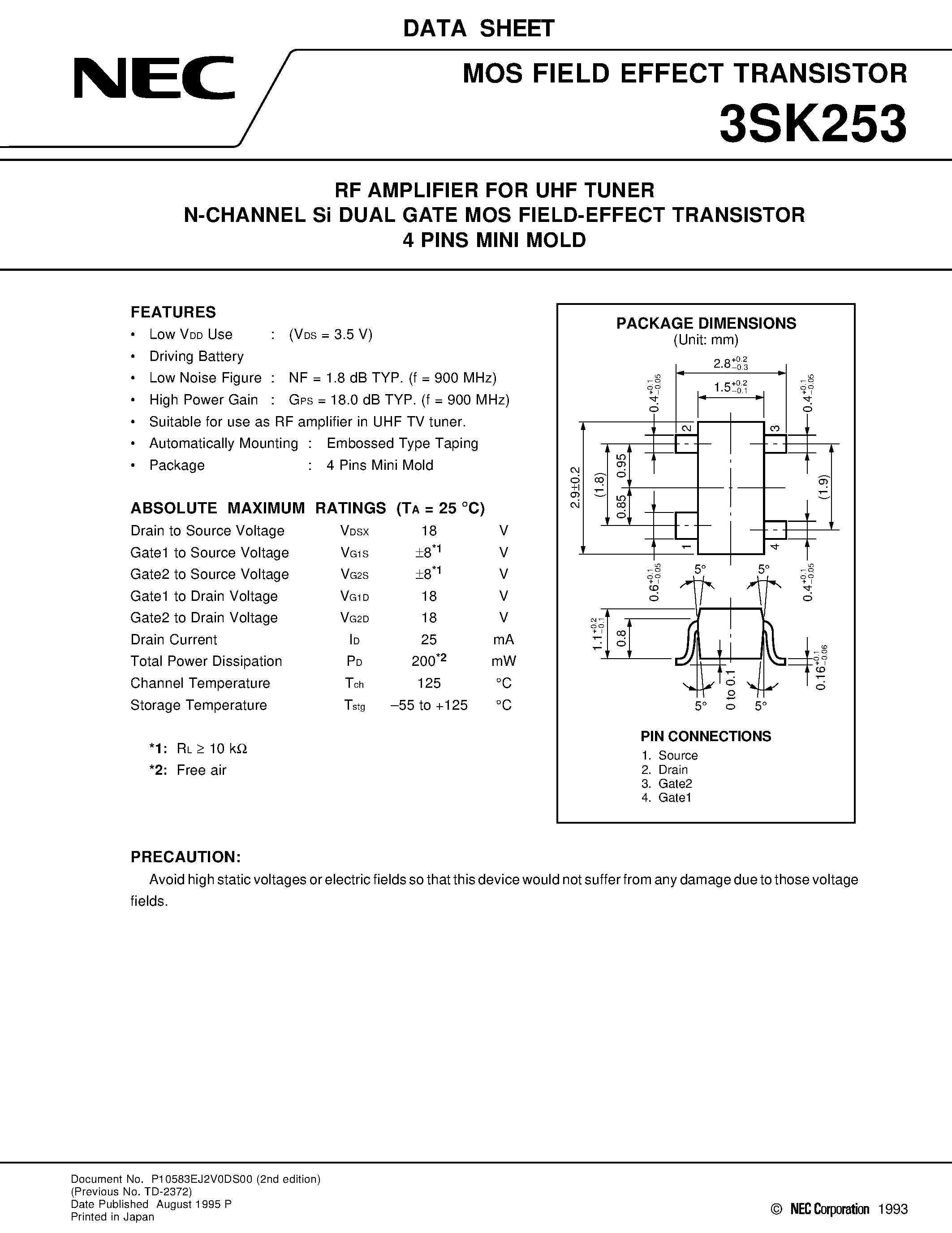 Datasheet 3SK253 - RF AMPLIFIER FOR UHF TUNER N-CHANNEL Si DUAL GATE MOS FIELD-EFFECT TRANSISTOR 4 PINS MINI MOLD page 1