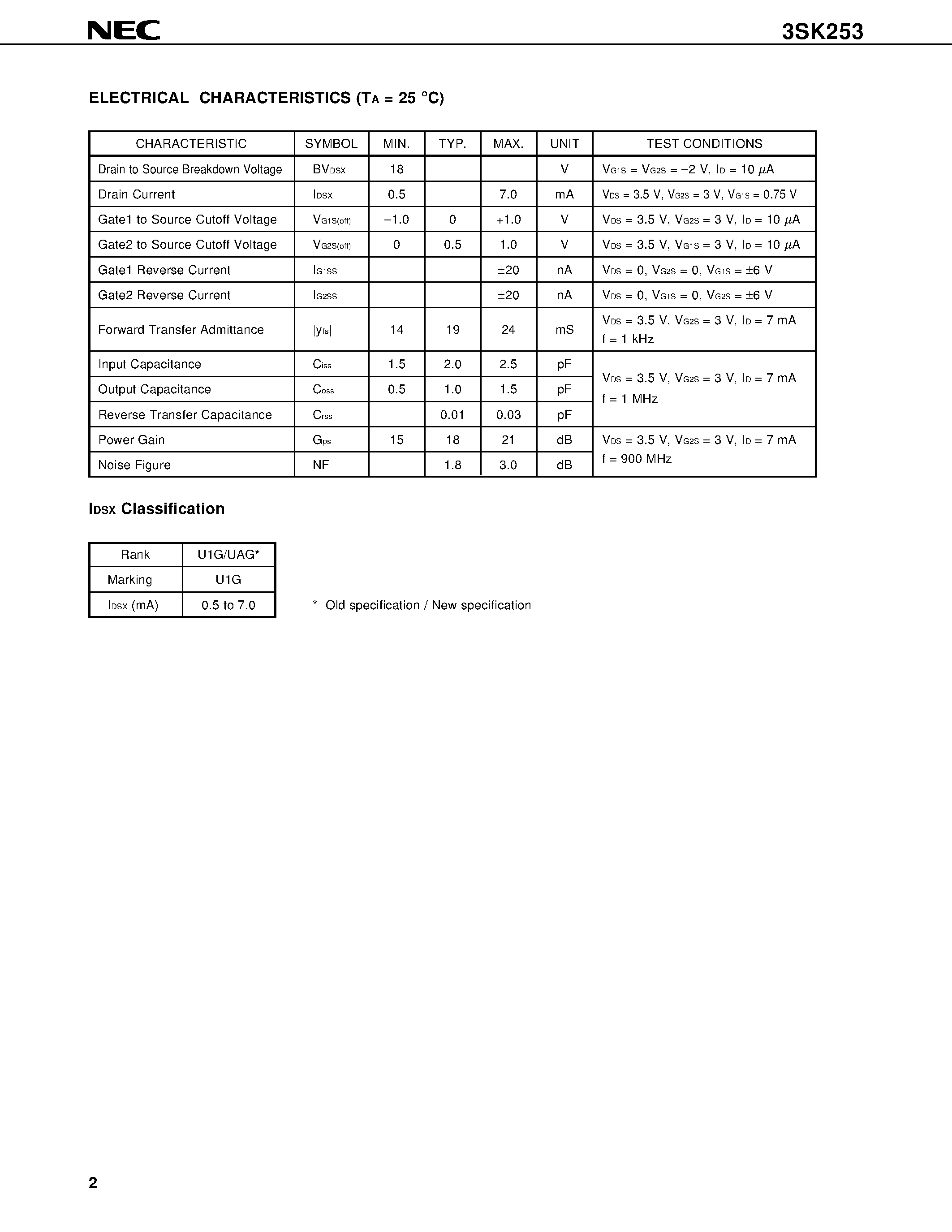 Datasheet 3SK253 - RF AMPLIFIER FOR UHF TUNER N-CHANNEL Si DUAL GATE MOS FIELD-EFFECT TRANSISTOR 4 PINS MINI MOLD page 2
