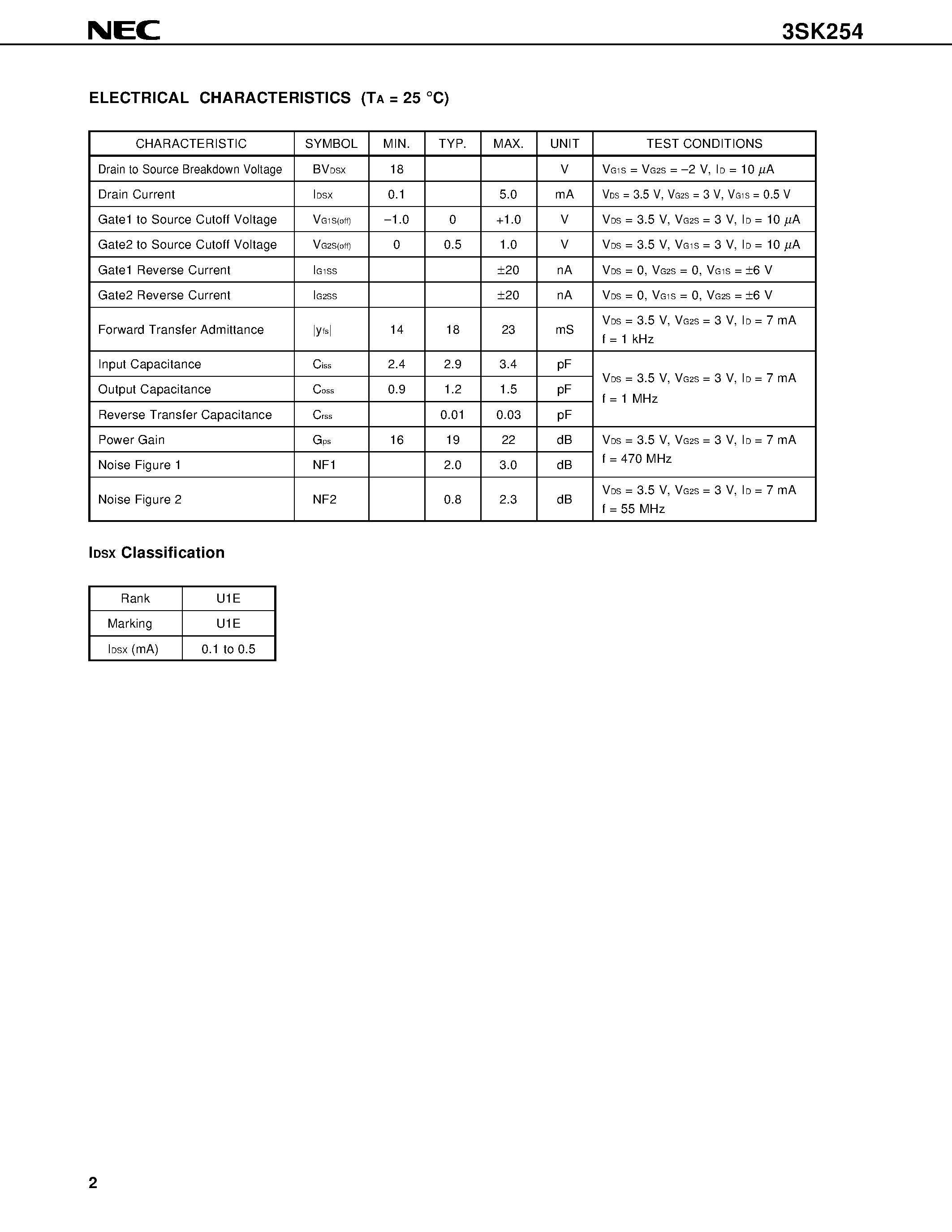 Datasheet 3SK254 - RF AMPLIFIER FOR CATV TUNER N-CHANNEL Si DUAL GATE MOS FIELD-EFFECT TRANSISTOR 4 PINS SUPER MINI MOLD page 2