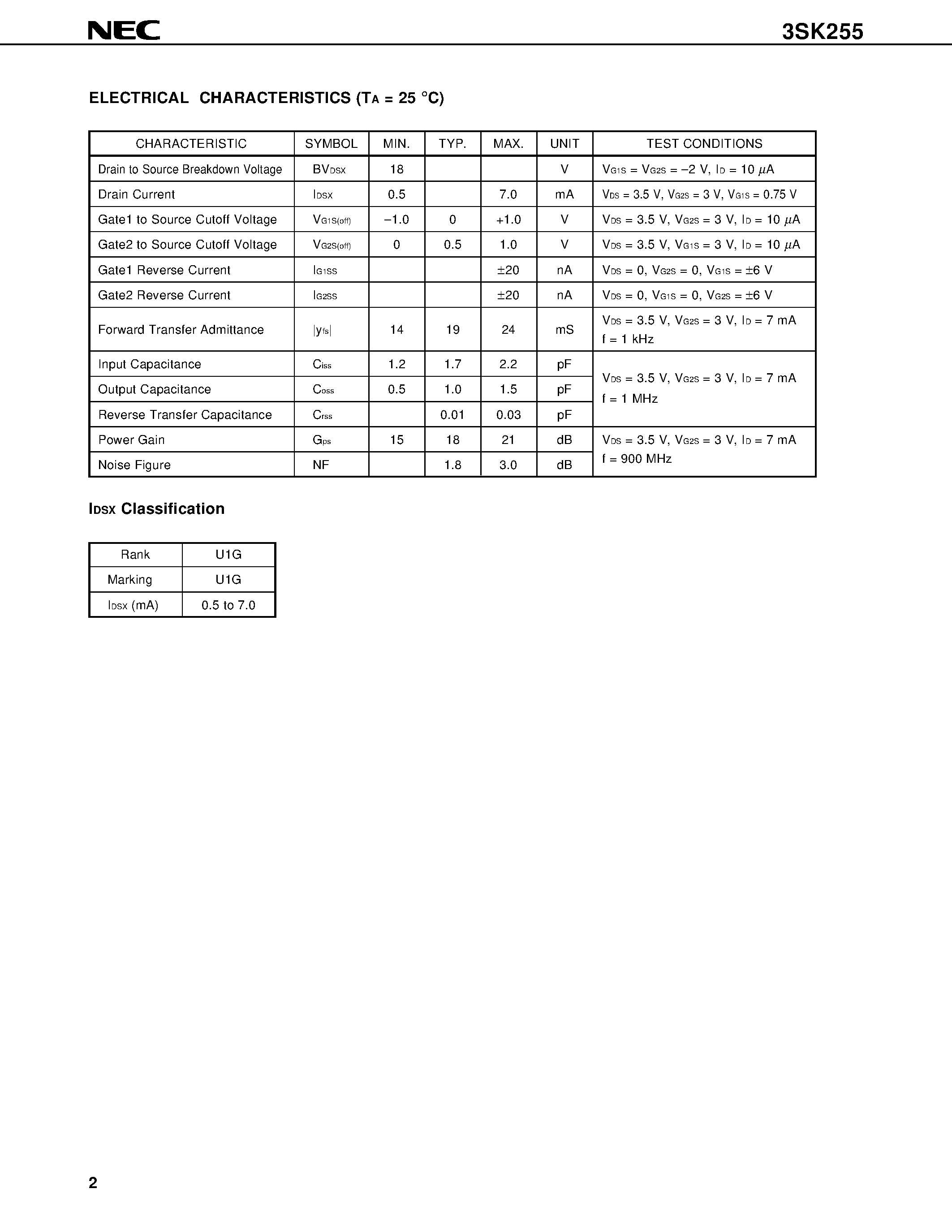 Datasheet 3SK255 - RF AMPLIFIER FOR UHF TUNER N-CHANNEL Si DUAL GATE MOS FIELD-EFFECT TRANSISTOR 4 PINS SUPER MINI MOLD page 2