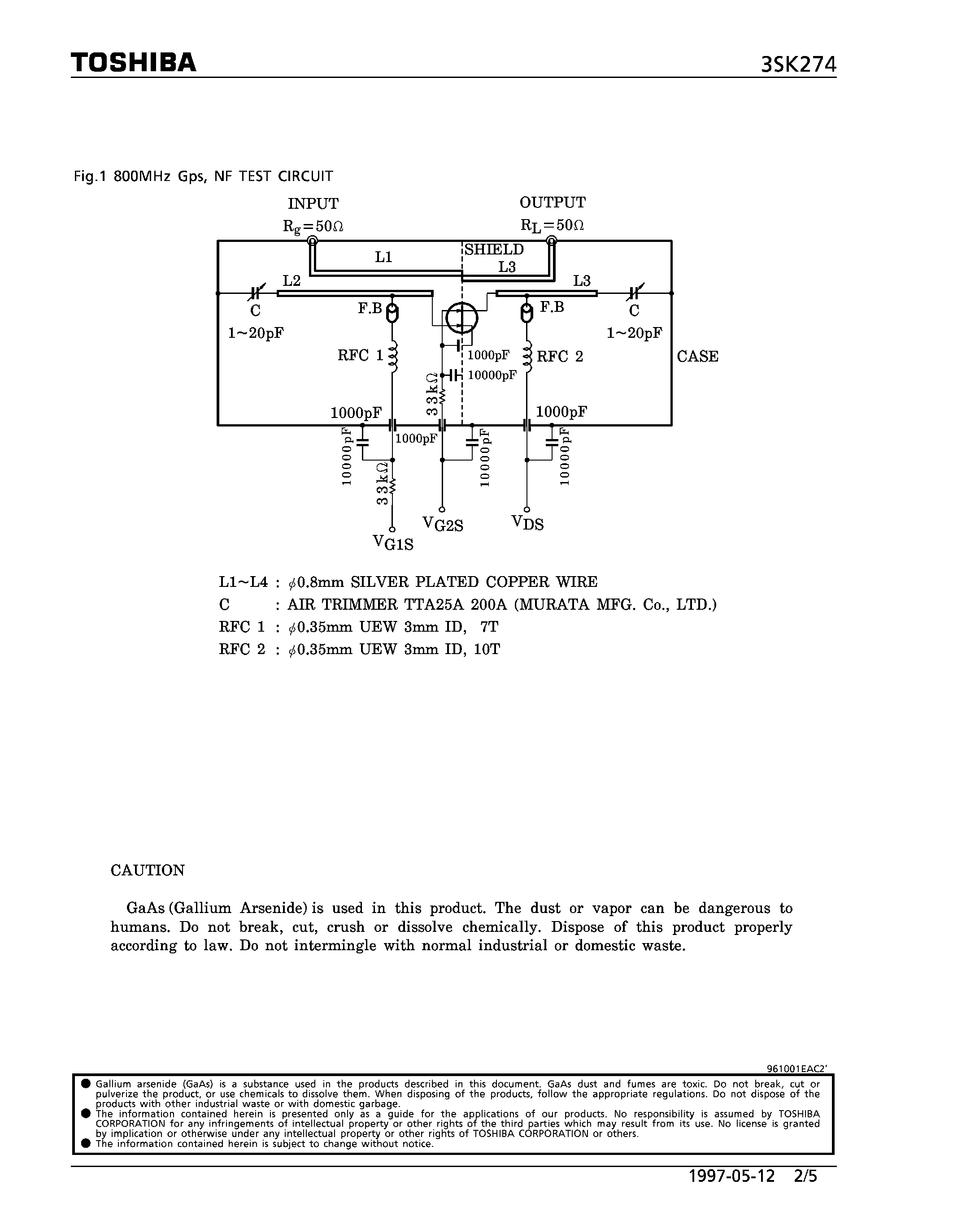 Datasheet 3SK274 - N CHANNEL DUAL GATE MES TYPE (TV TUNER/ UHF RF AMPLIFIER APPLICATIONS) page 2