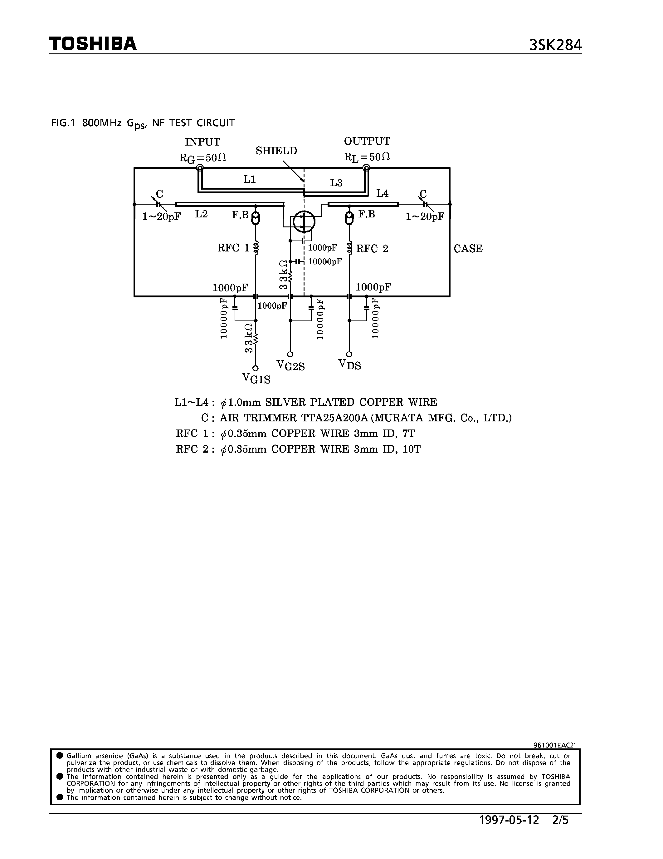Datasheet 3SK284 - N CHANNEL DUAL GATE MES TYPE (TV TUNER/ UHF RF AMPLIFIER APPLICATIONS) page 2