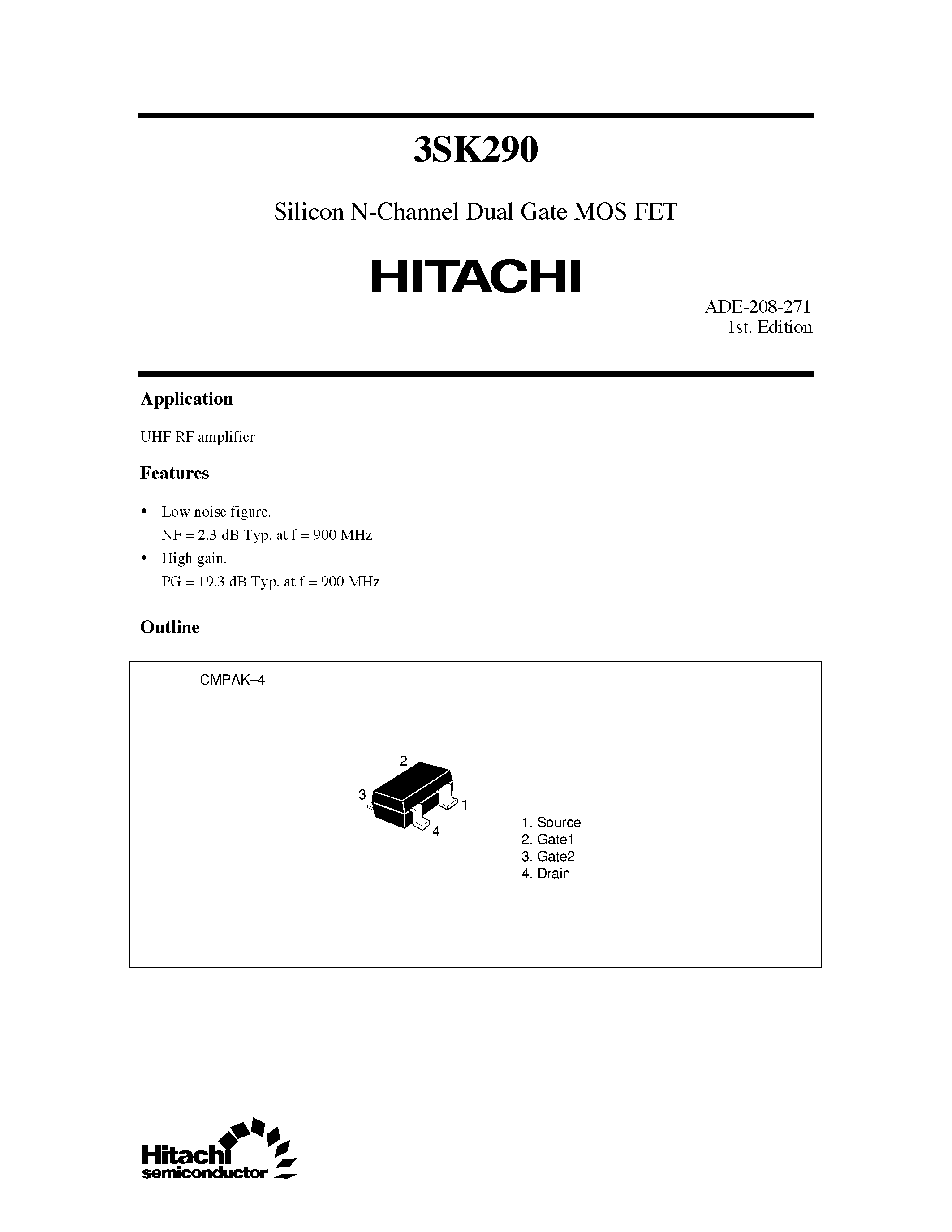 Datasheet 3SK290 - Silicon N-Channel Dual Gate MOS FET page 1