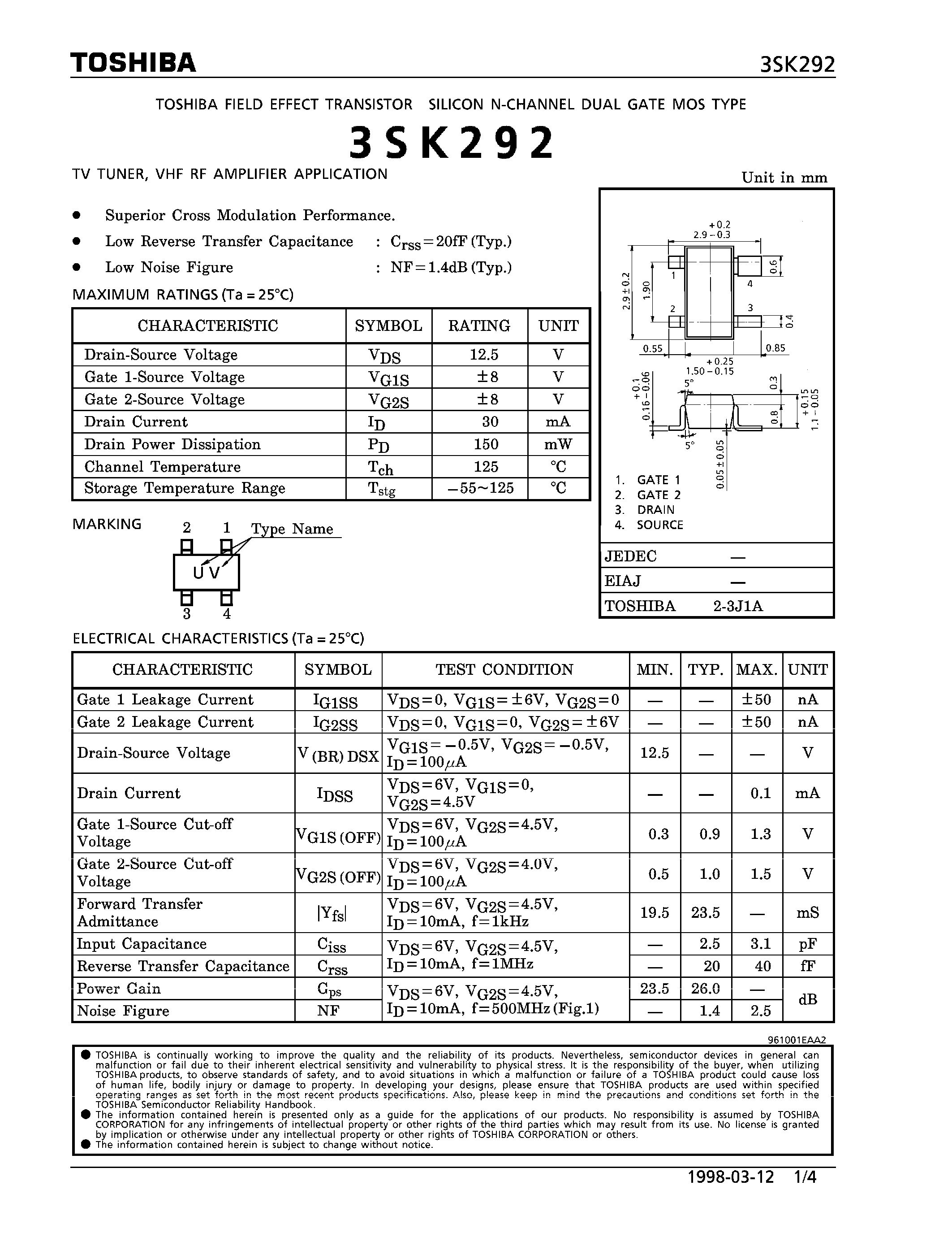 Datasheet 3SK292 - N CHANNEL DUAL GATE MOS TYPE (TV TUNER/ VHF RF AMPLIFIER APPLICATIONS) page 1
