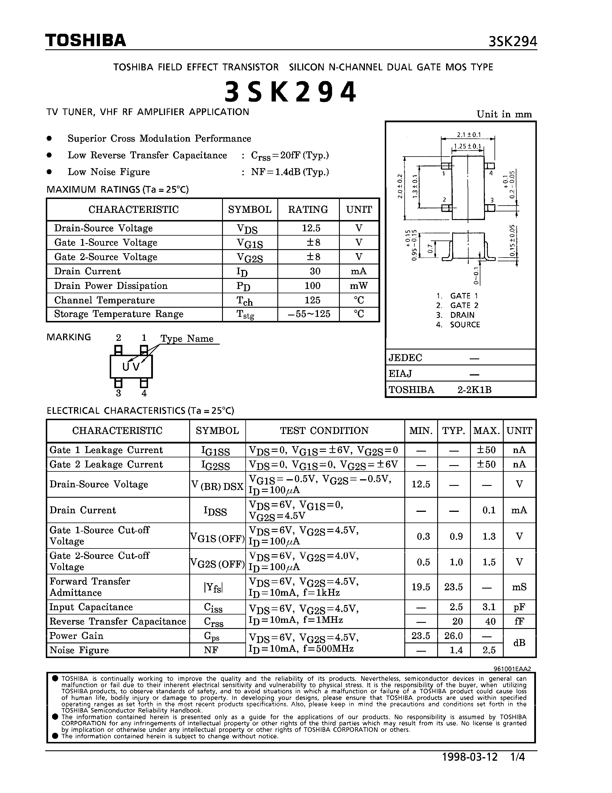 Datasheet 3SK294 - N CHANNEL DUAL GATE MOS TYPE (TV TUNER/ VHF RF AMPLIFIER APPLICATIONS) page 1