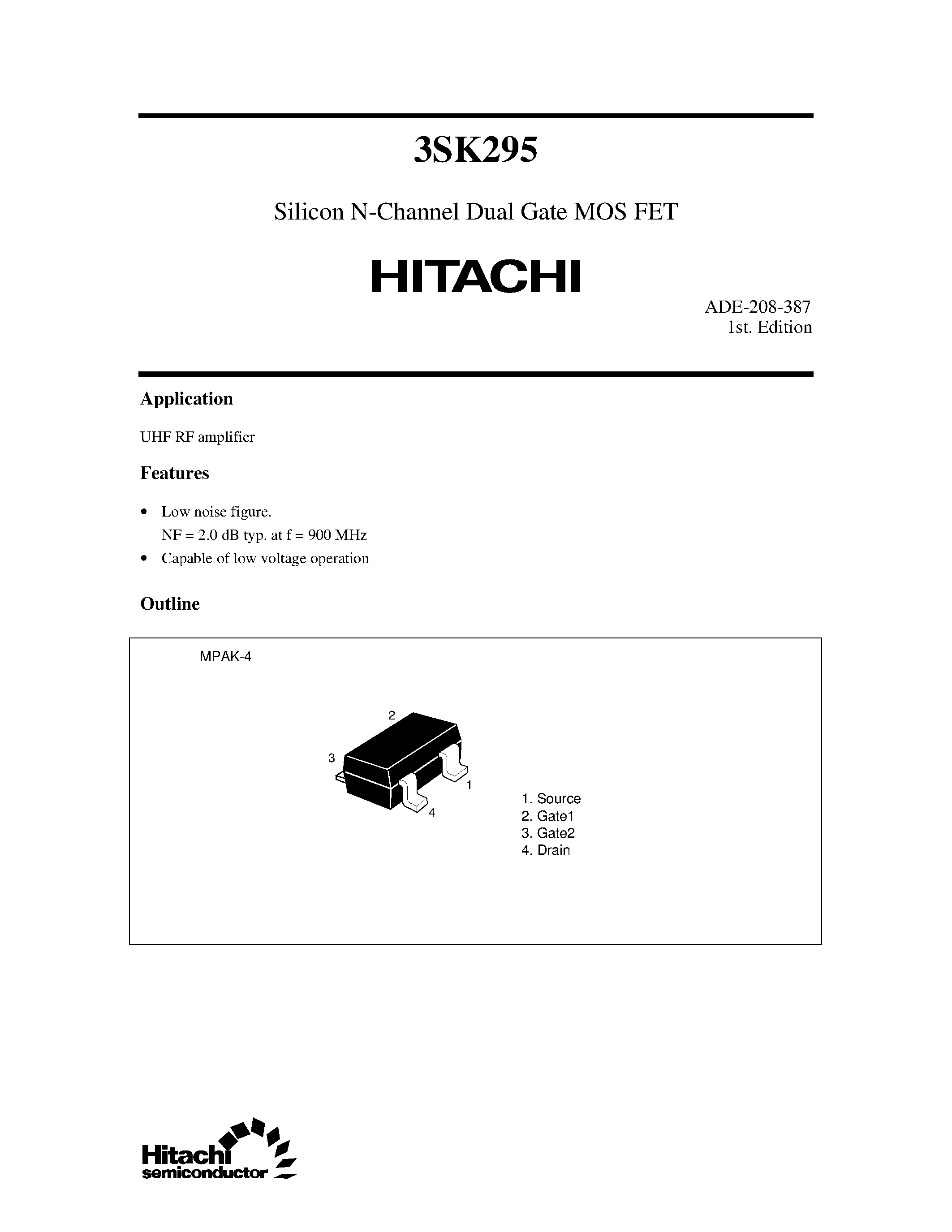 Datasheet 3SK295 - Silicon N-Channel Dual Gate MOS FET page 1
