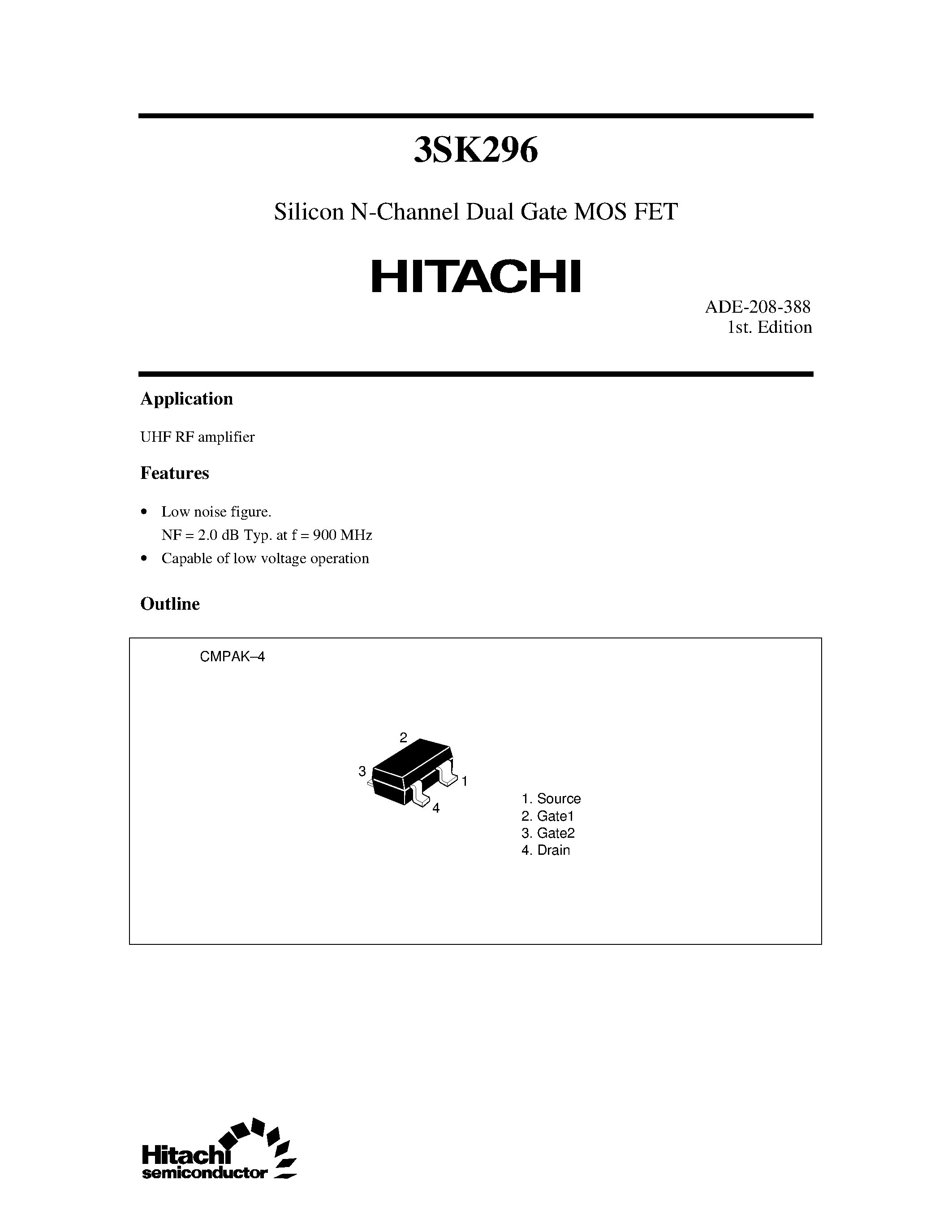 Datasheet 3SK296 - Silicon N-Channel Dual Gate MOS FET page 1
