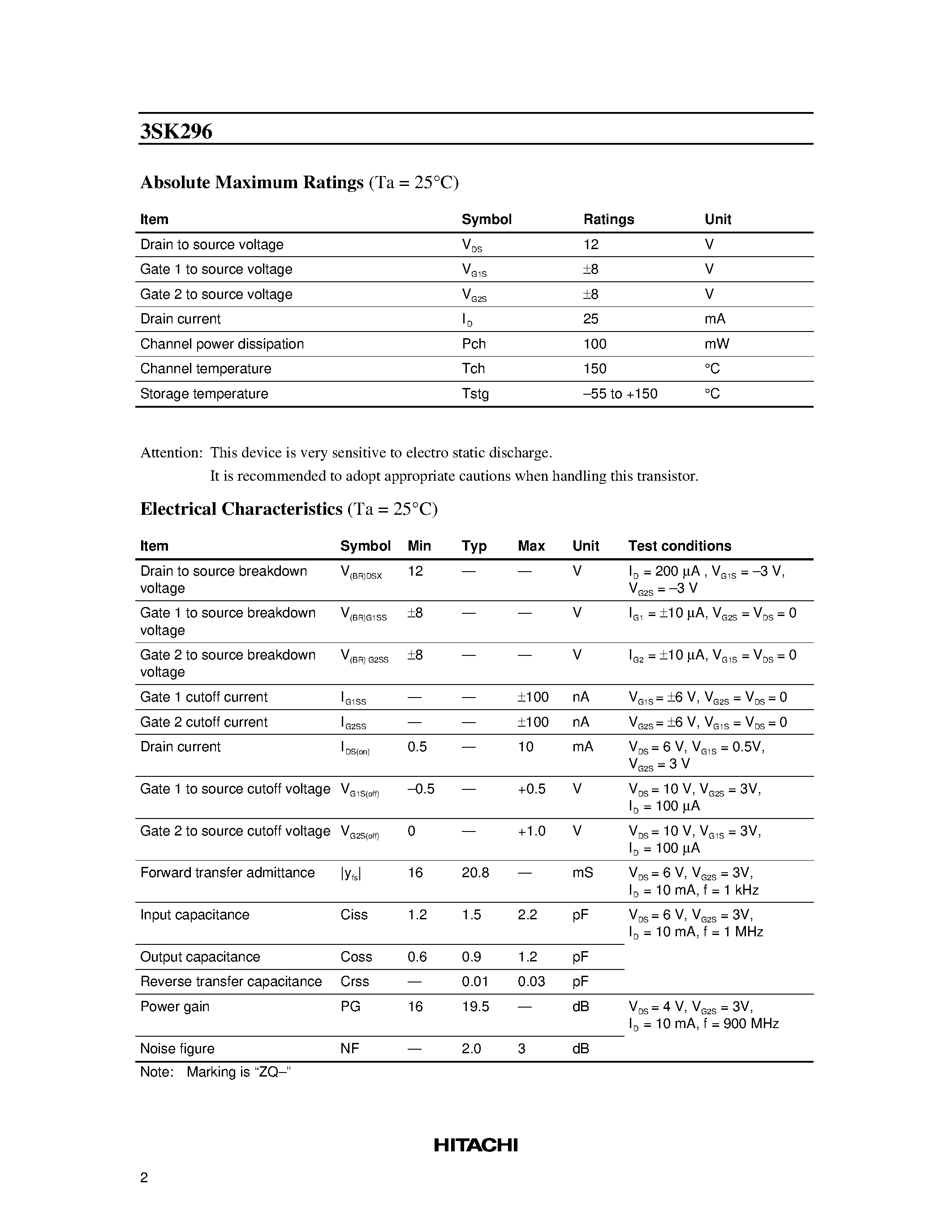 Datasheet 3SK296 - Silicon N-Channel Dual Gate MOS FET page 2