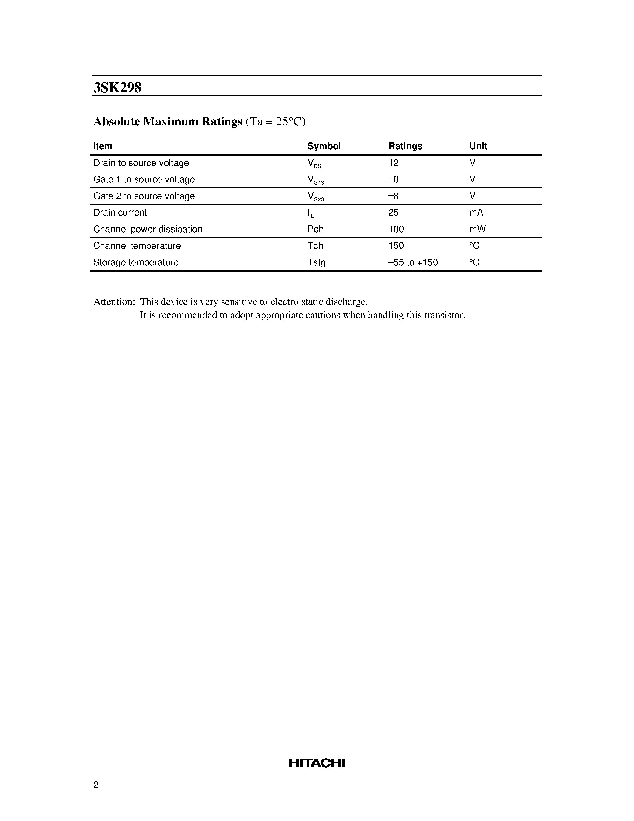 Datasheet 3SK298 - Silicon N-Channel Dual Gate MOS FET page 2