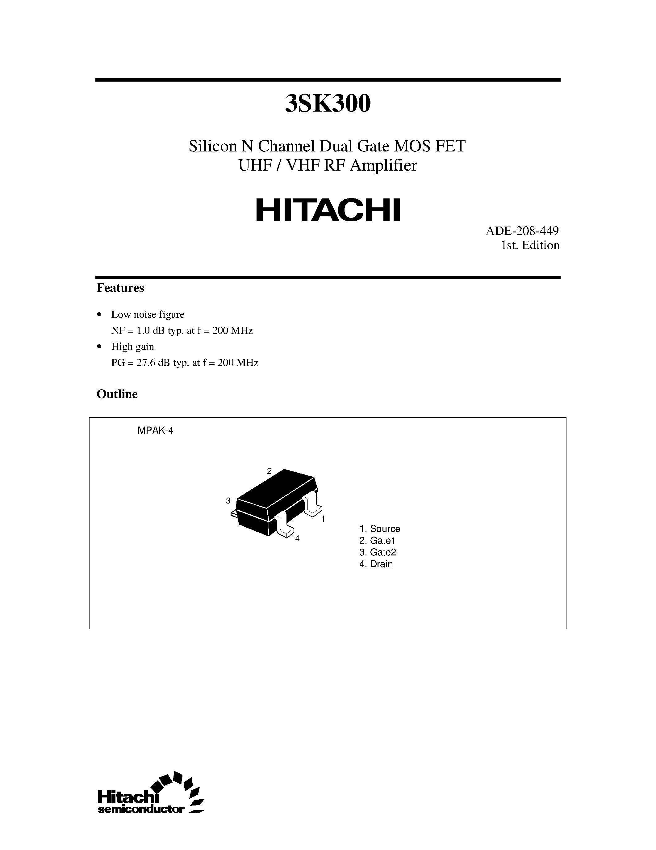 Datasheet 3SK300 - Silicon N Channel Dual Gate MOS FET UHF / VHF RF Amplifier page 1