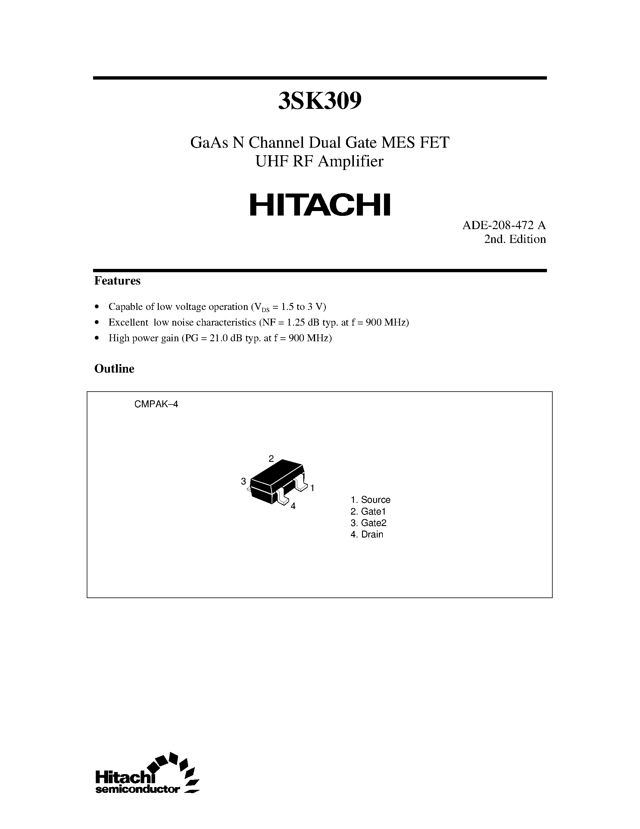 Datasheet 3SK309 - GaAs N Channel Dual Gate MES FET UHF RF Amplifier page 1