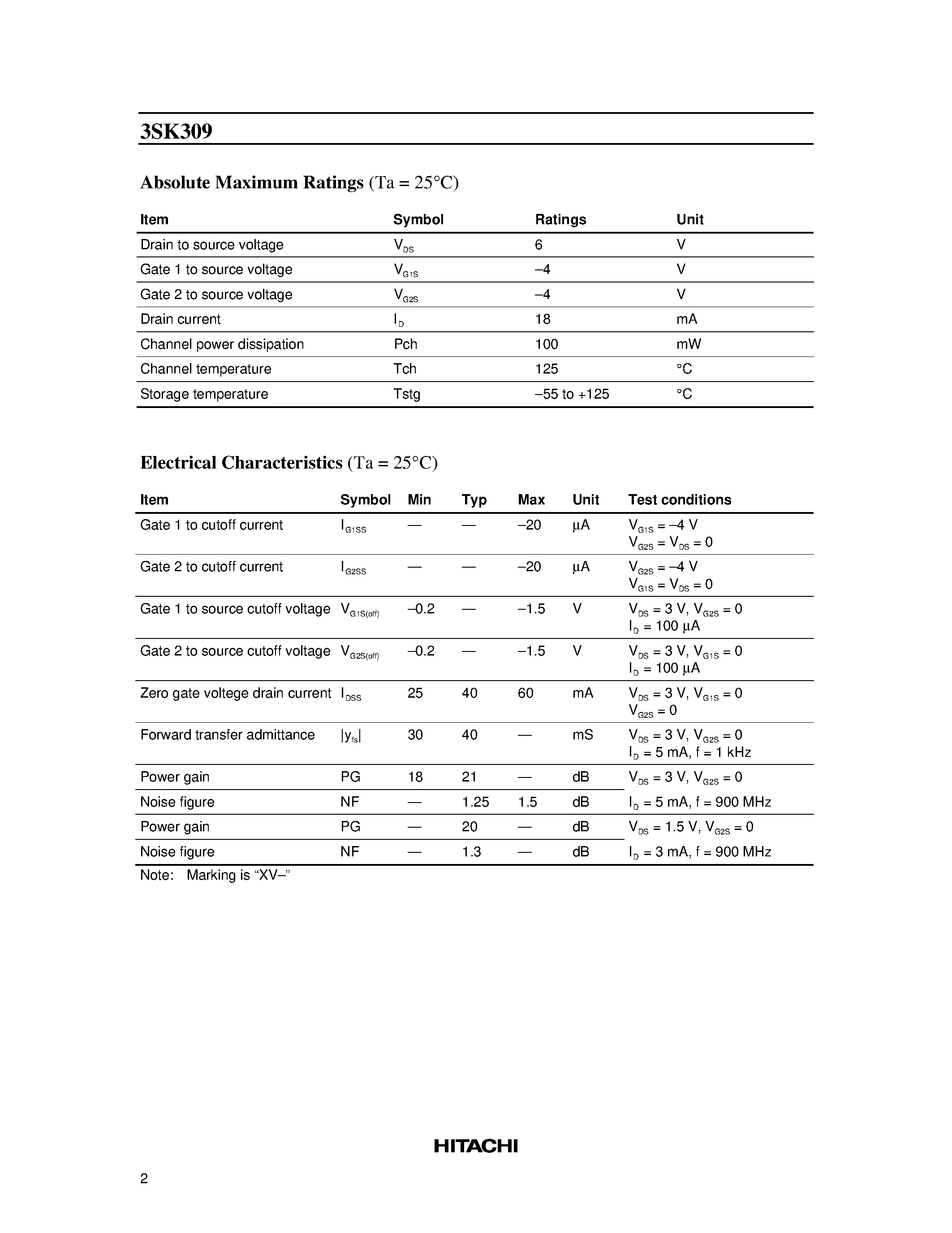 Datasheet 3SK309 - GaAs N Channel Dual Gate MES FET UHF RF Amplifier page 2