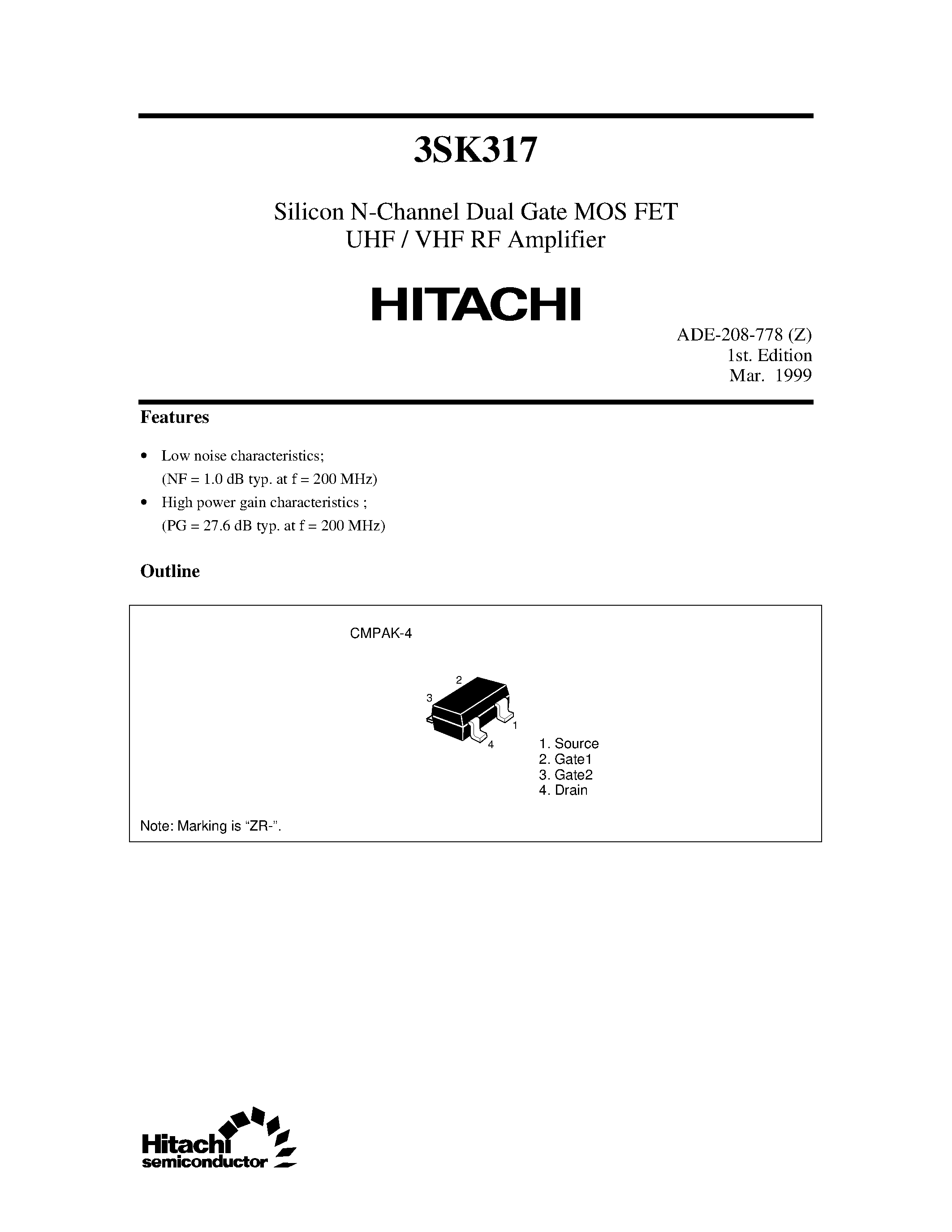 Datasheet 3SK317 - Silicon N-Channel Dual Gate MOS FET UHF / VHF RF Amplifier page 1