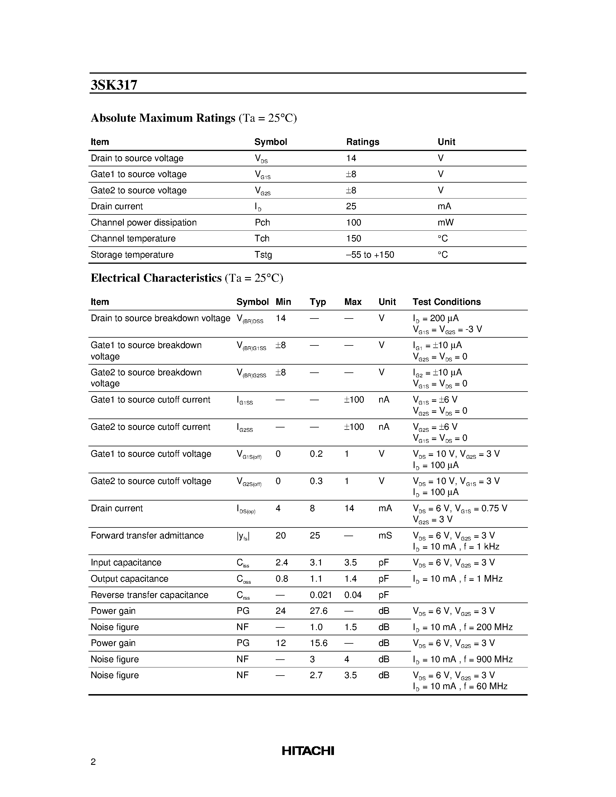 Datasheet 3SK317 - Silicon N-Channel Dual Gate MOS FET UHF / VHF RF Amplifier page 2
