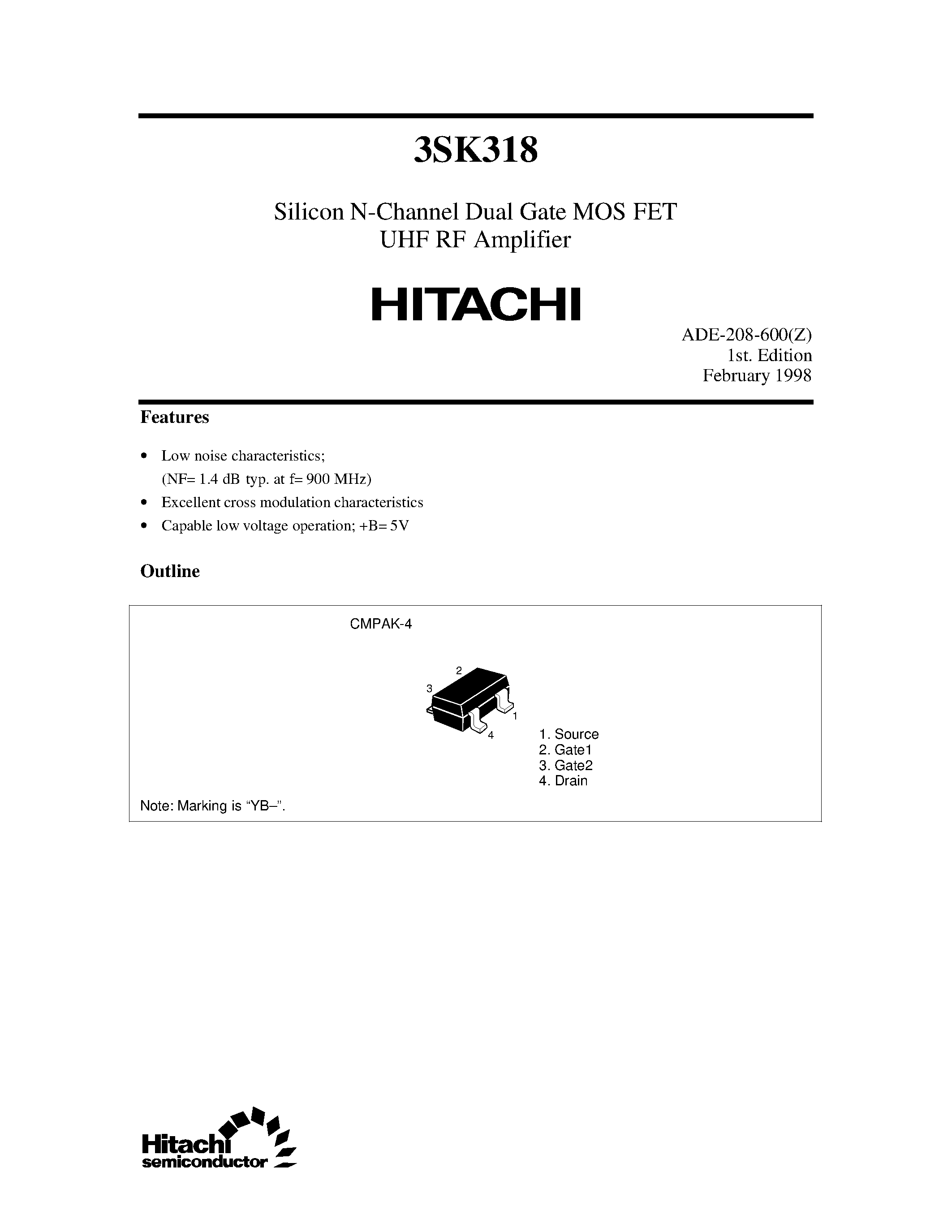 Datasheet 3SK318 - Silicon N-Channel Dual Gate MOS FET UHF RF Amplifier page 1