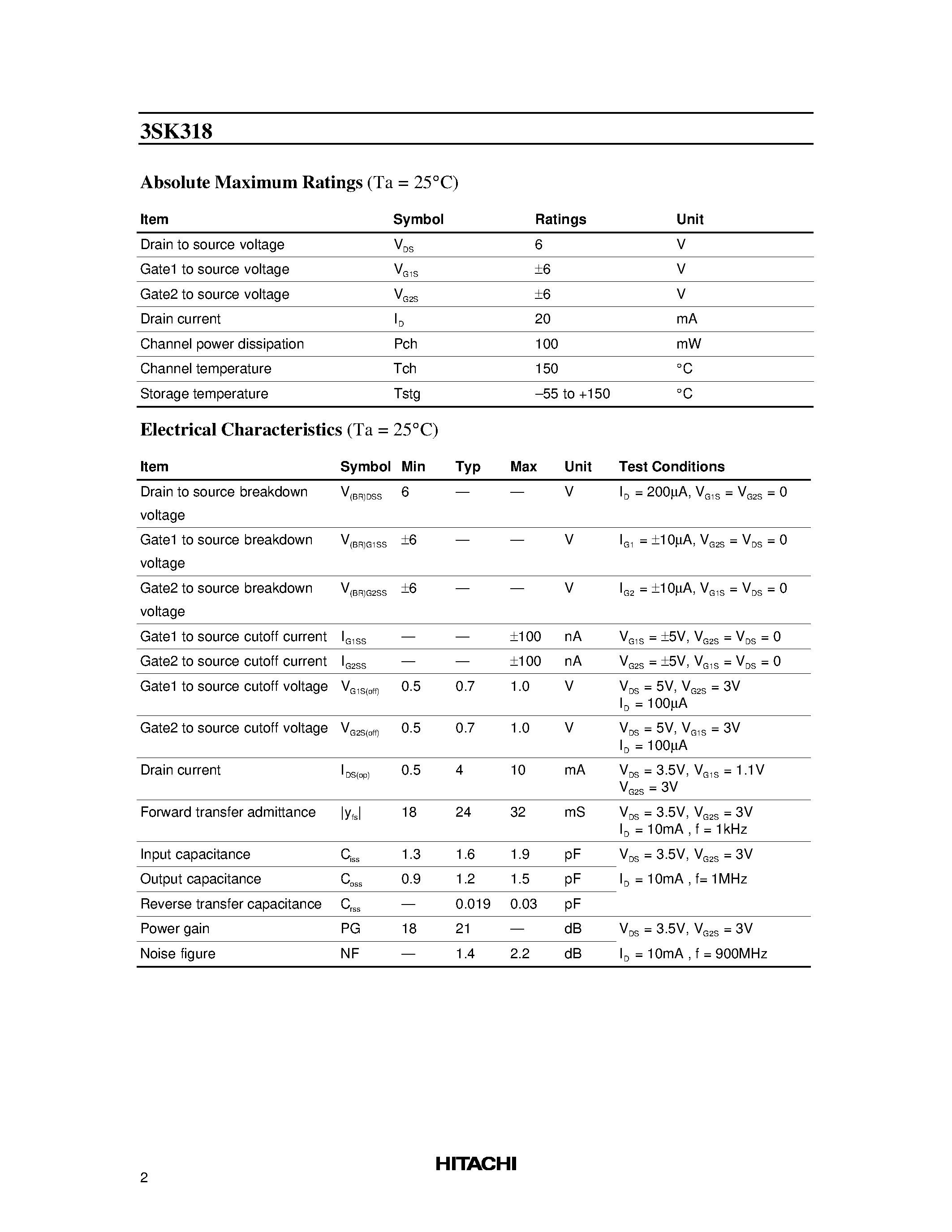 Datasheet 3SK318 - Silicon N-Channel Dual Gate MOS FET UHF RF Amplifier page 2
