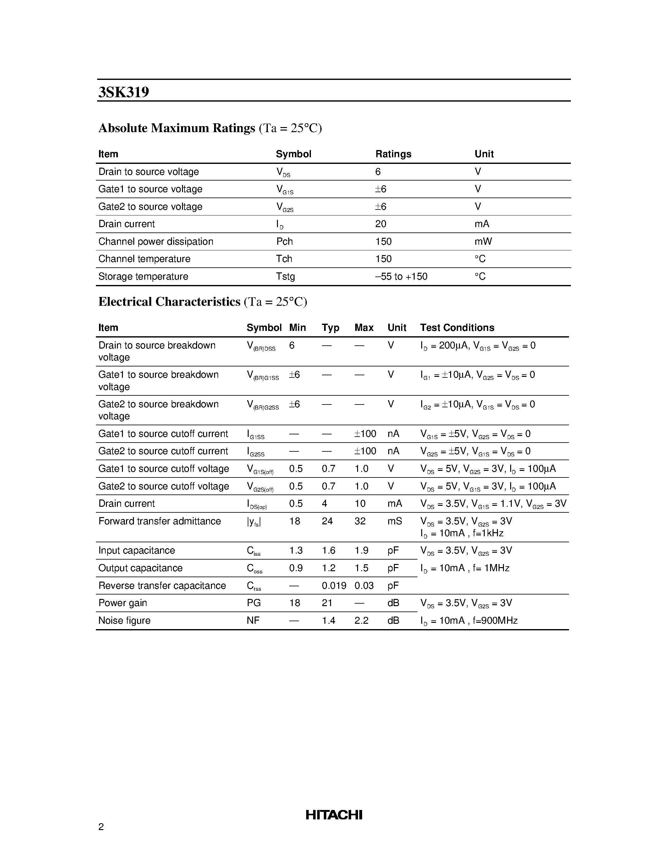 Datasheet 3SK319 - Silicon N-Channel Dual Gate MOS FET UHF RF Amplifier page 2