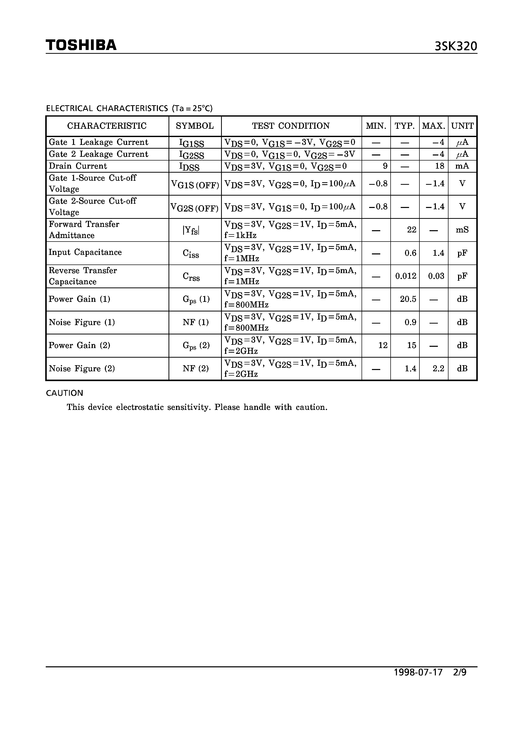 Datasheet 3SK320 - N CHANNEL DUAL GATE MES TYPE (UHF BAND LOW NOISE AMP/ MIX) page 2