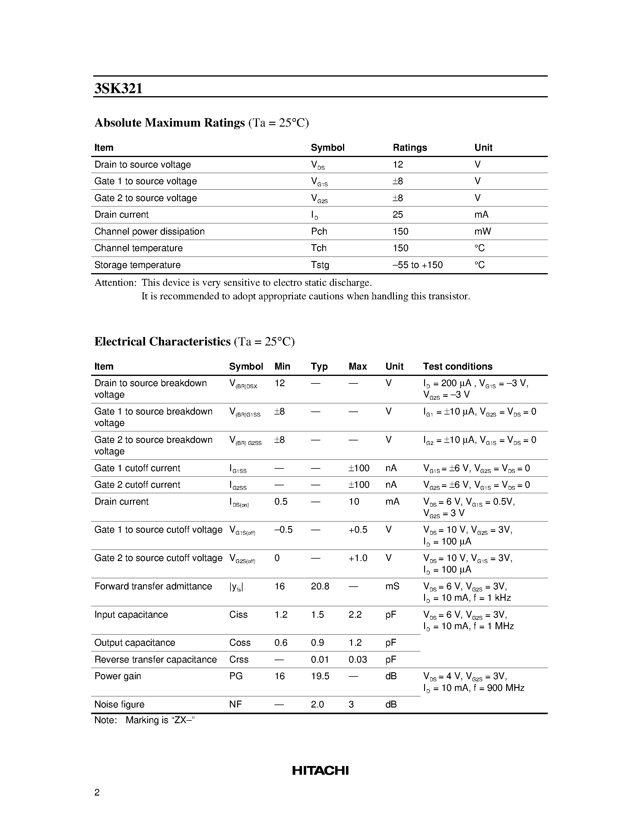 Datasheet 3SK321 - Silicon N-Channel Dual Gate MOS FET page 2