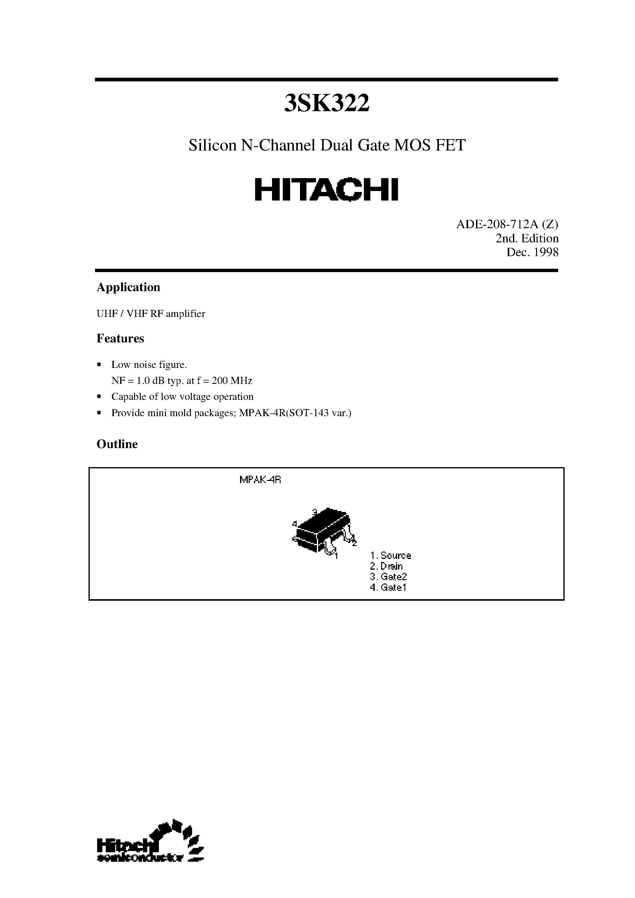 Datasheet 3SK322 - Silicon N-Channel Dual Gate MOS FET page 1