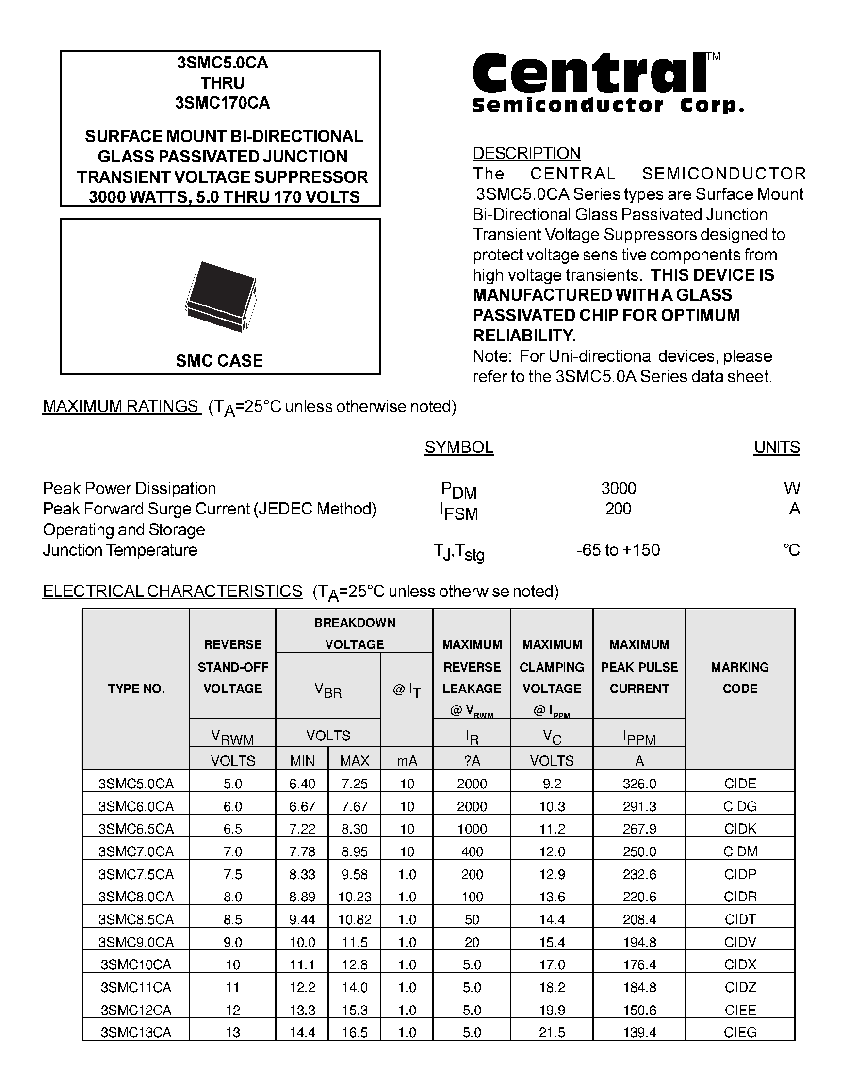 Datasheet 3SMC120CA - SURFACE MOUNT BI-DIRECTIONAL GLASS PASSIVATED JUNCTION TRANSIENT VOLTAGE SUPPRESSOR 3000 WATTS/ 5.0 THRU 170 VOLTS page 1