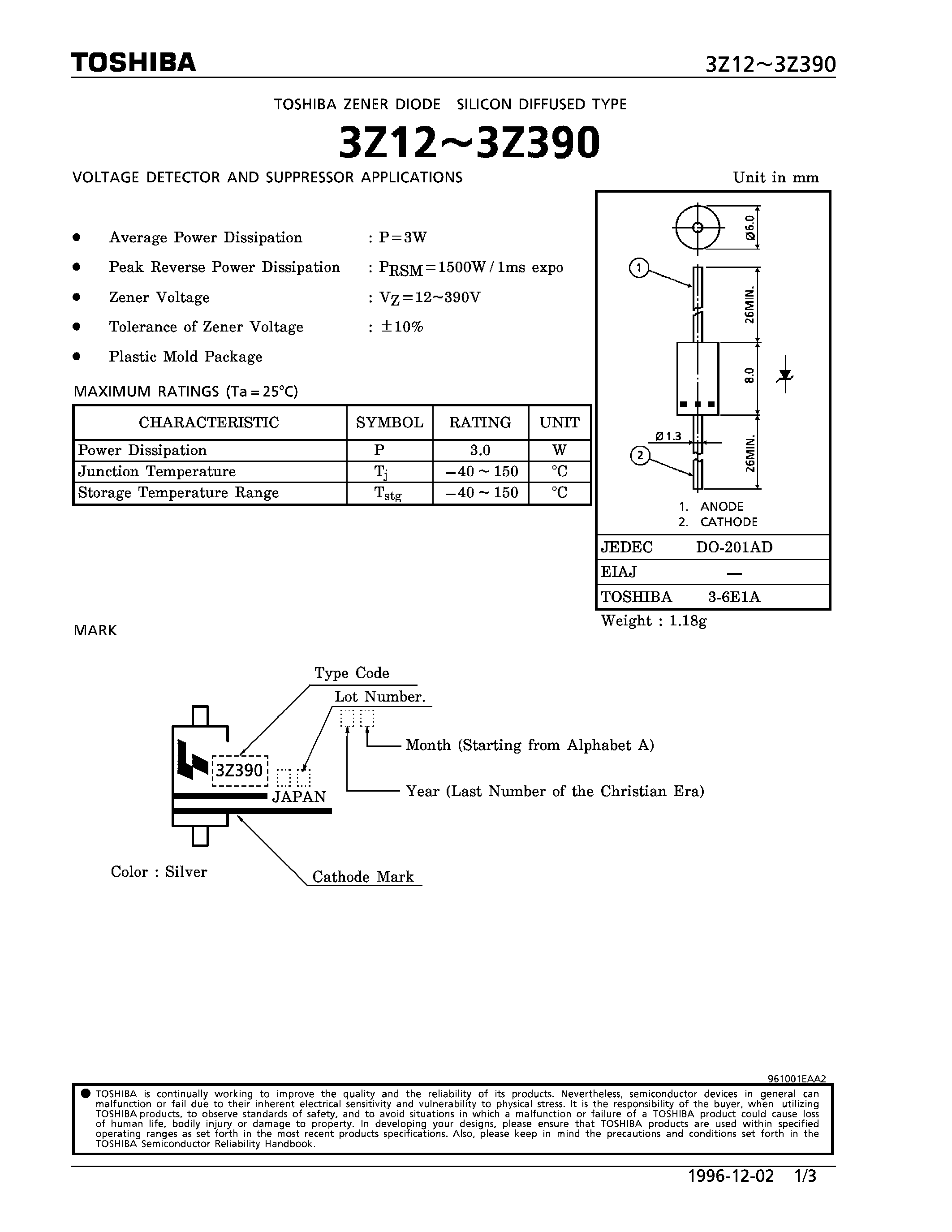 Datasheet 3Z12 page 1 Datasheet 3Z12 - ZENER DIODE (VOLTAGE DETECTOR AND SUPPRESSOR APPLICATIONS) page 1