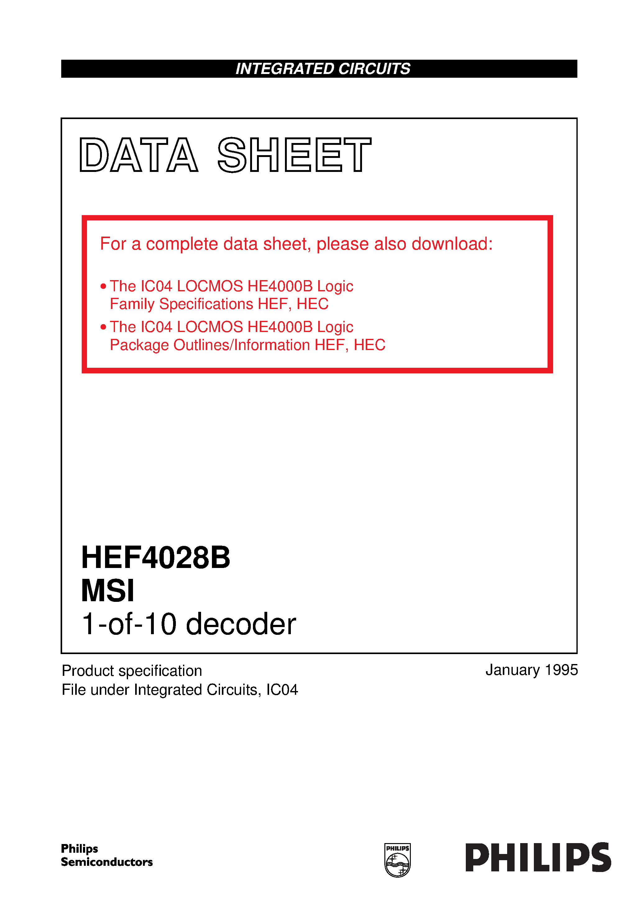 Даташит 4028B - 1-of-10 decoder страница 1