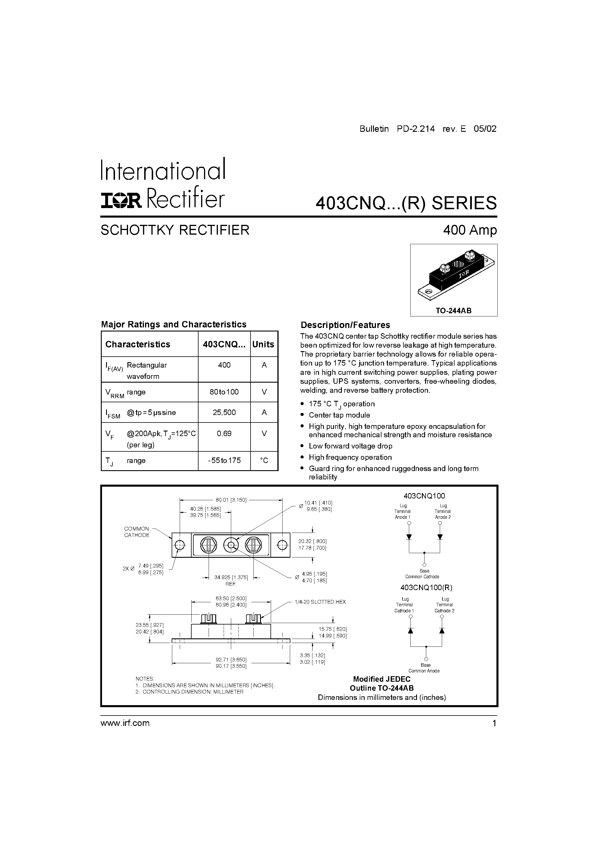 Datasheet 403CNQ080 page 1 Datasheet 403CNQ080 - SCHOTTKY RECTIFIER page 1