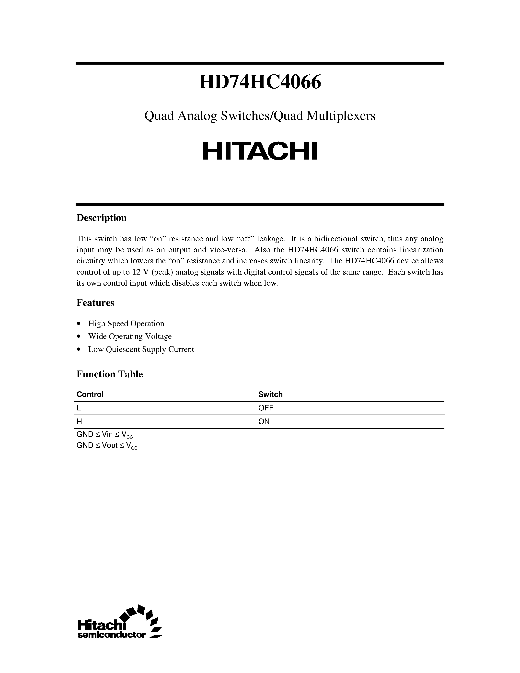 Datasheet 4066 page 1 Datasheet 4066 - Quad Analog Switches/Quad Multiplexers page 1