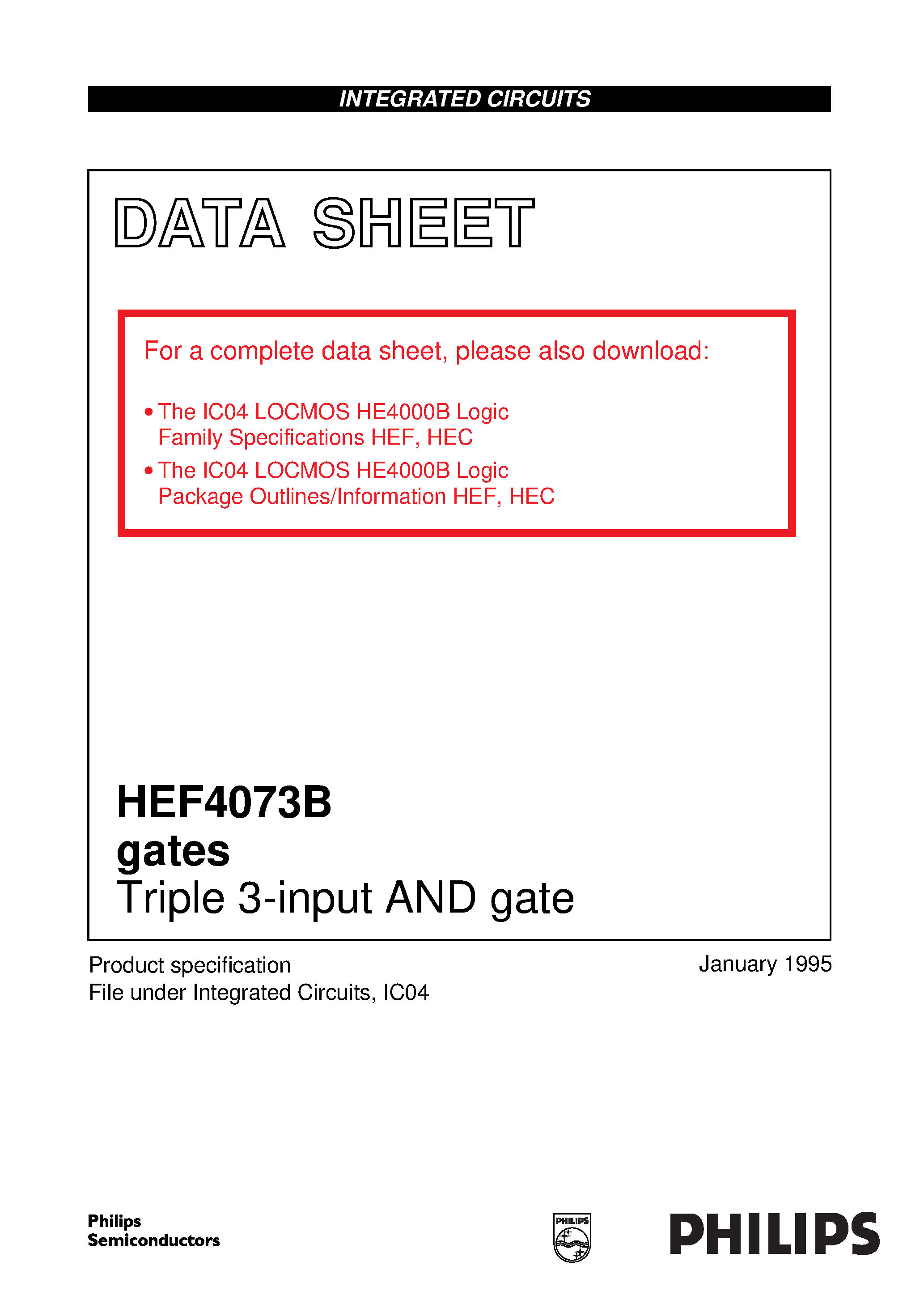 Datasheet 4073B page 1 Datasheet 4073B - Triple 3-input AND gate page 1