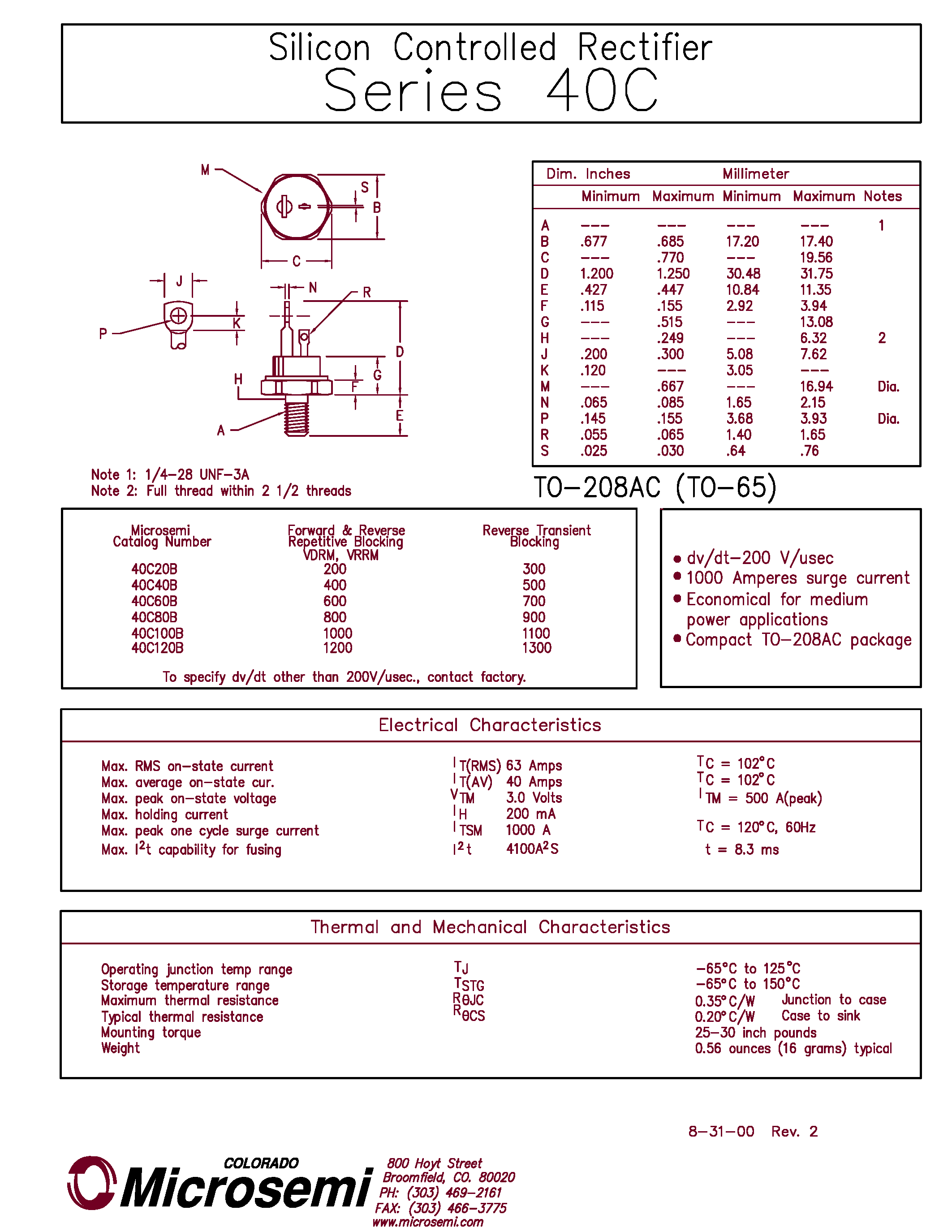 Datasheet 40C40B page 1 Datasheet 40C40B - Silicon Controlled Rectifier page 1