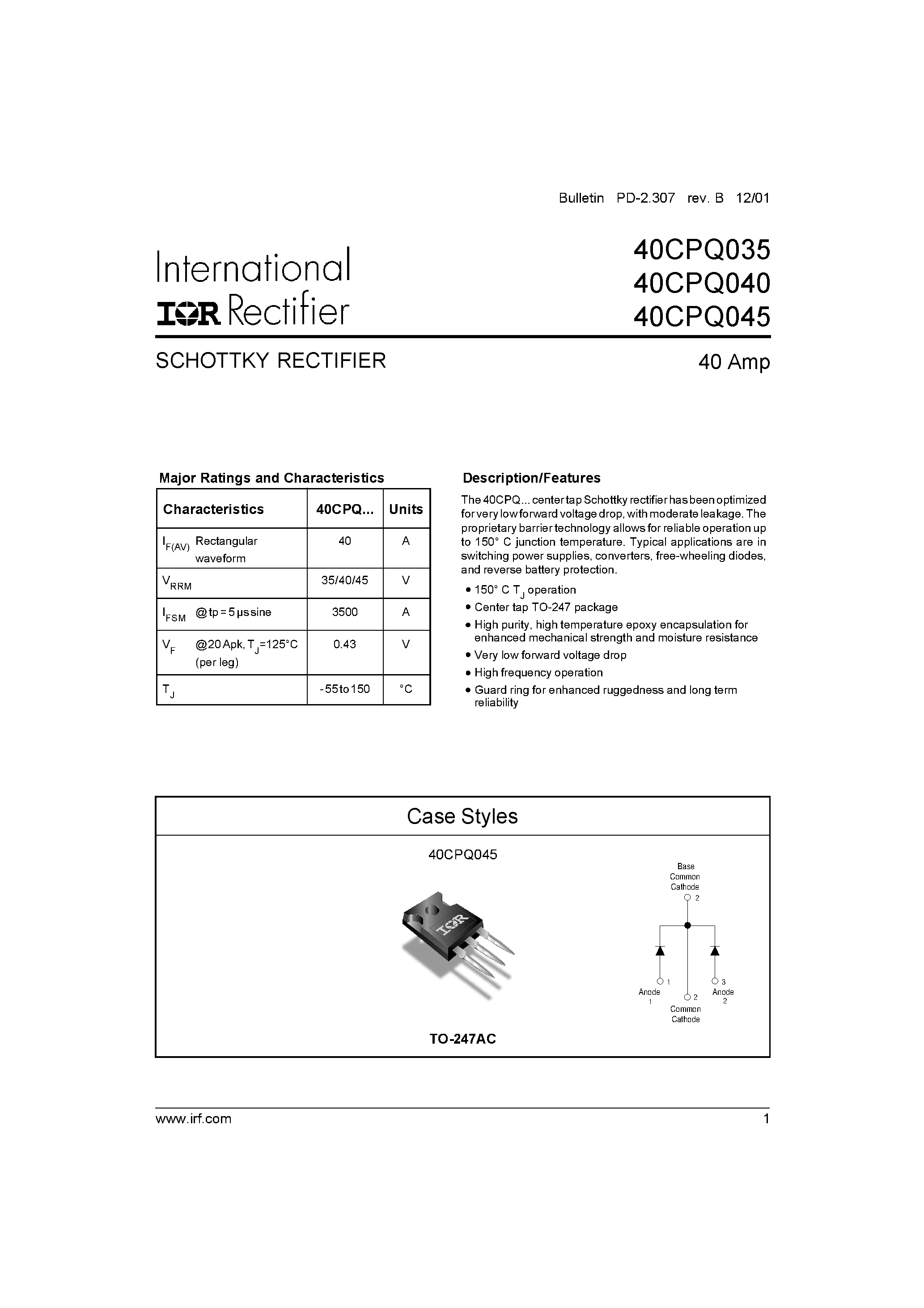 Datasheet 40CPQ045 - SCHOTTKY RECTIFIER page 1