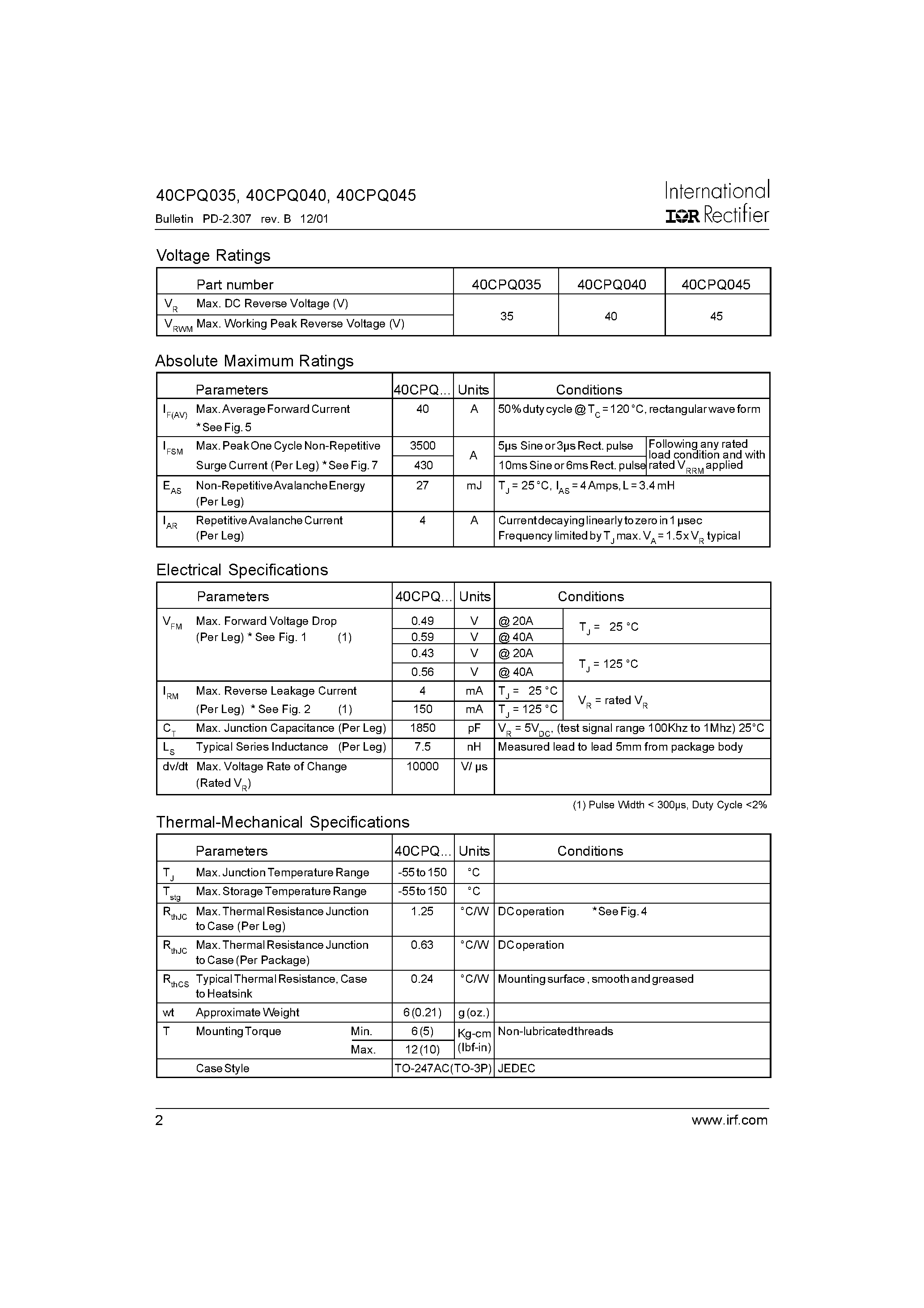 Datasheet 40CPQ045 - SCHOTTKY RECTIFIER page 2
