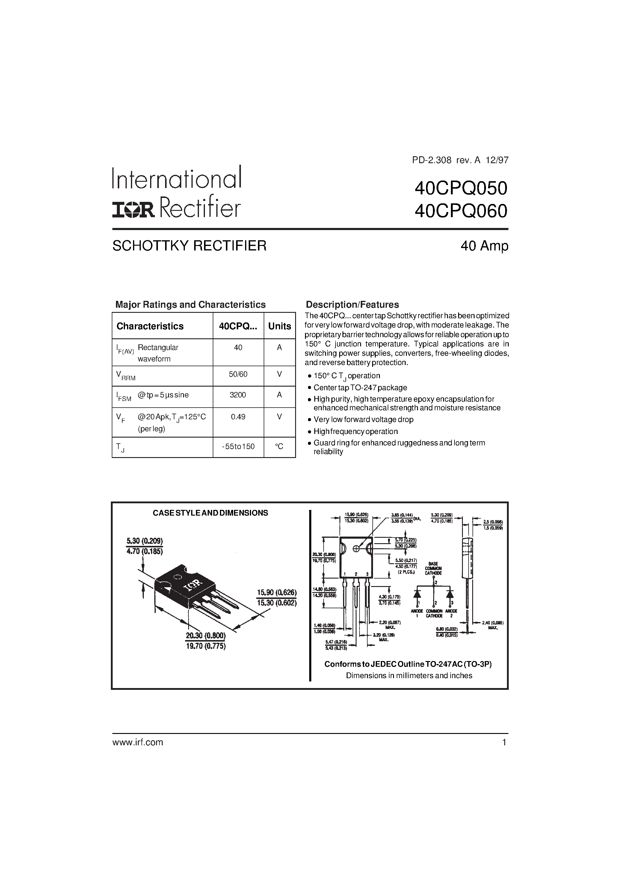 Datasheet 40CPQ050 - SCHOTTKY RECTIFIER page 1
