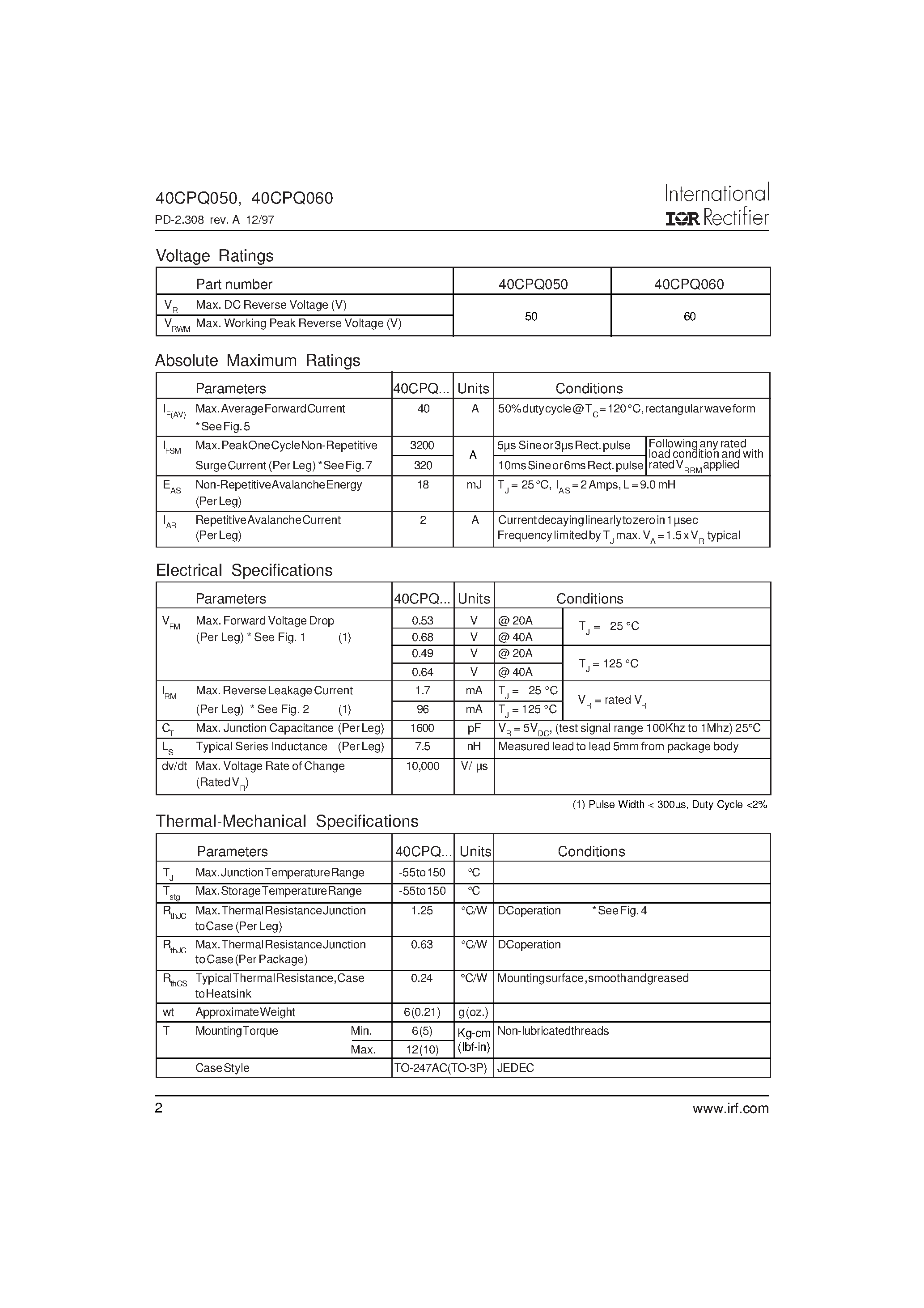 Datasheet 40CPQ060 - SCHOTTKY RECTIFIER page 2