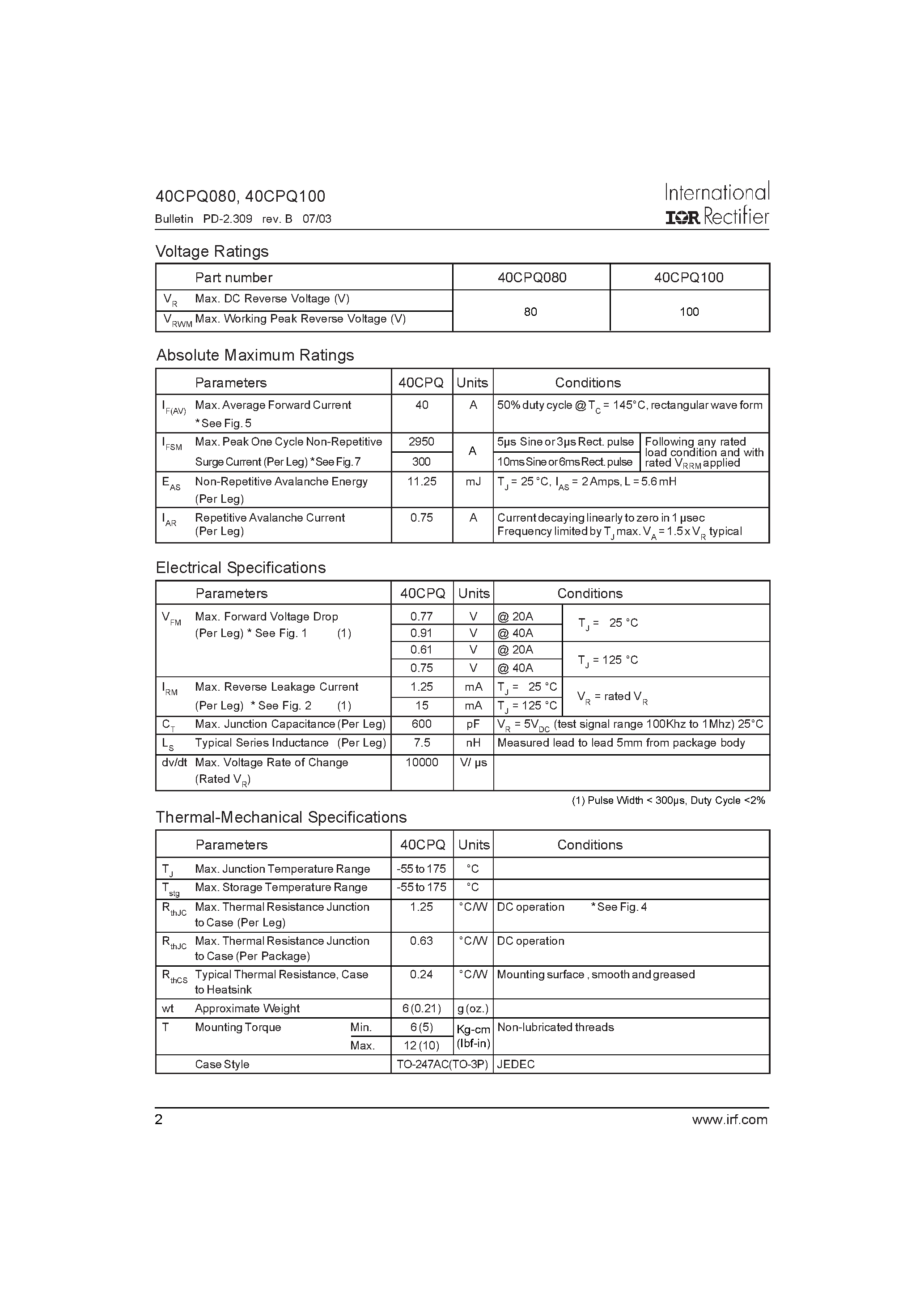 Datasheet 40CPQ080 - SCHOTTKY RECTIFIER page 2
