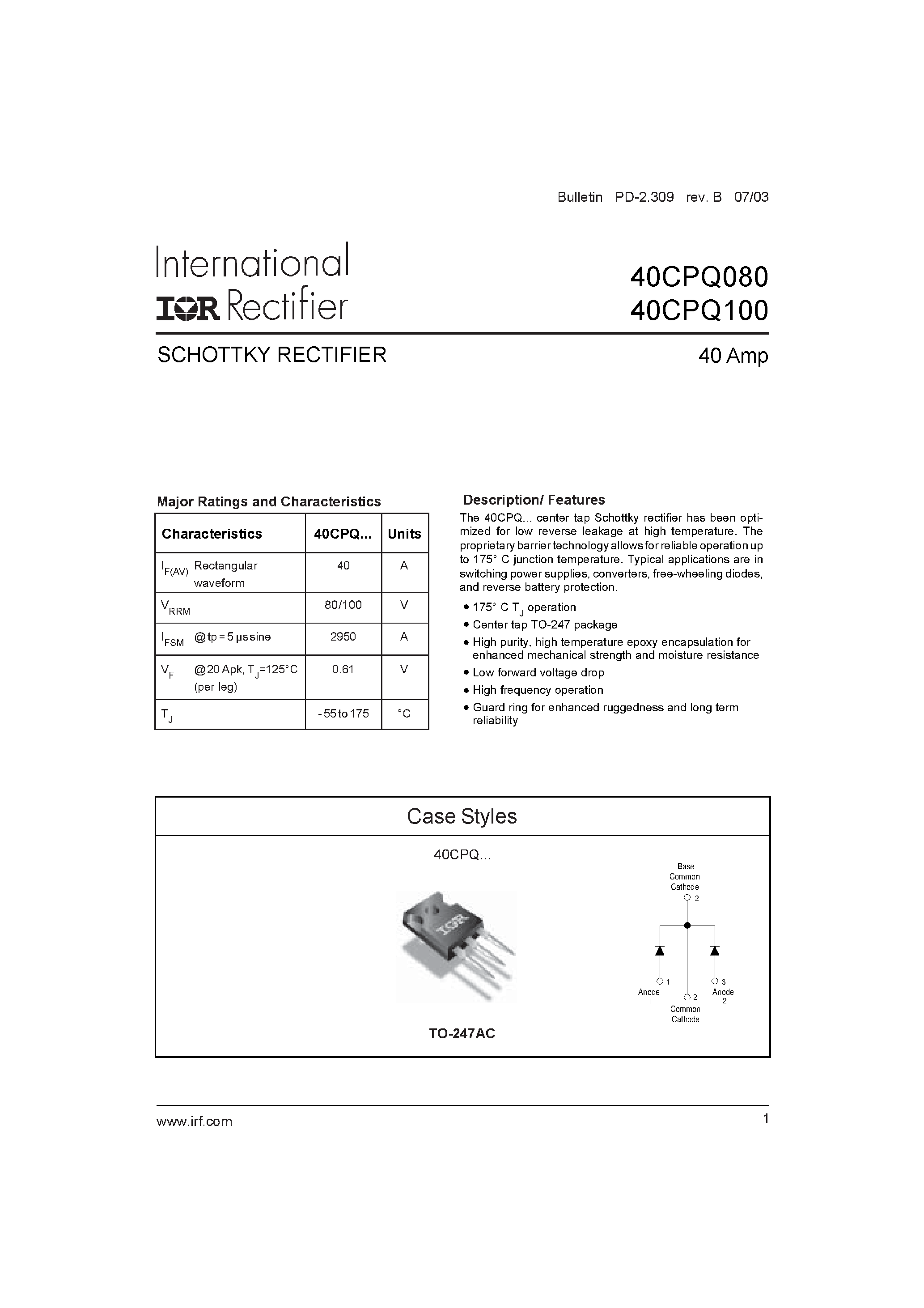 Datasheet 40CPQ100 - SCHOTTKY RECTIFIER page 1