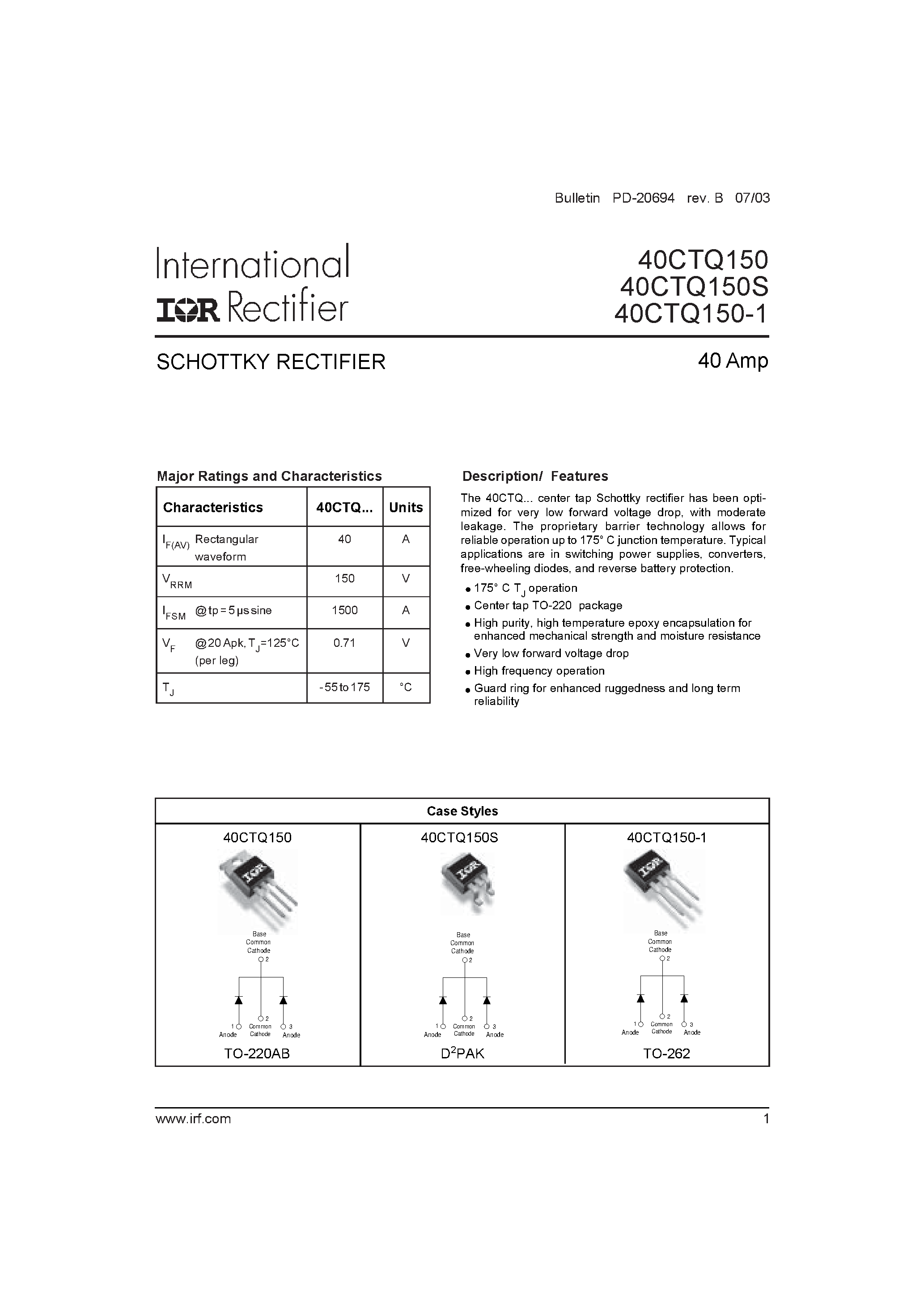 Datasheet 40CTQ150 - SCHOTTKY RECTIFIER page 1