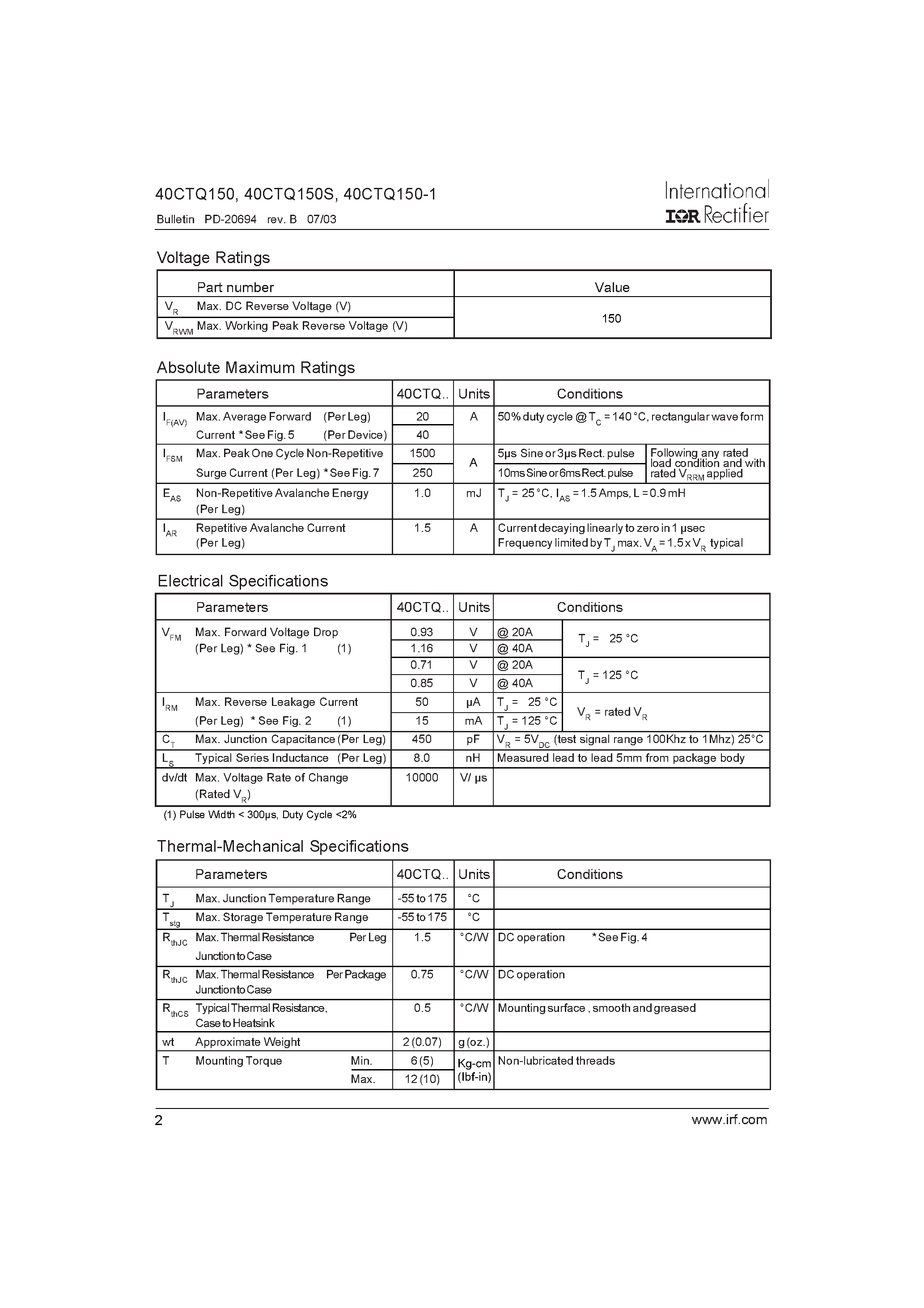 Datasheet 40CTQ150-1 - SCHOTTKY RECTIFIER page 2