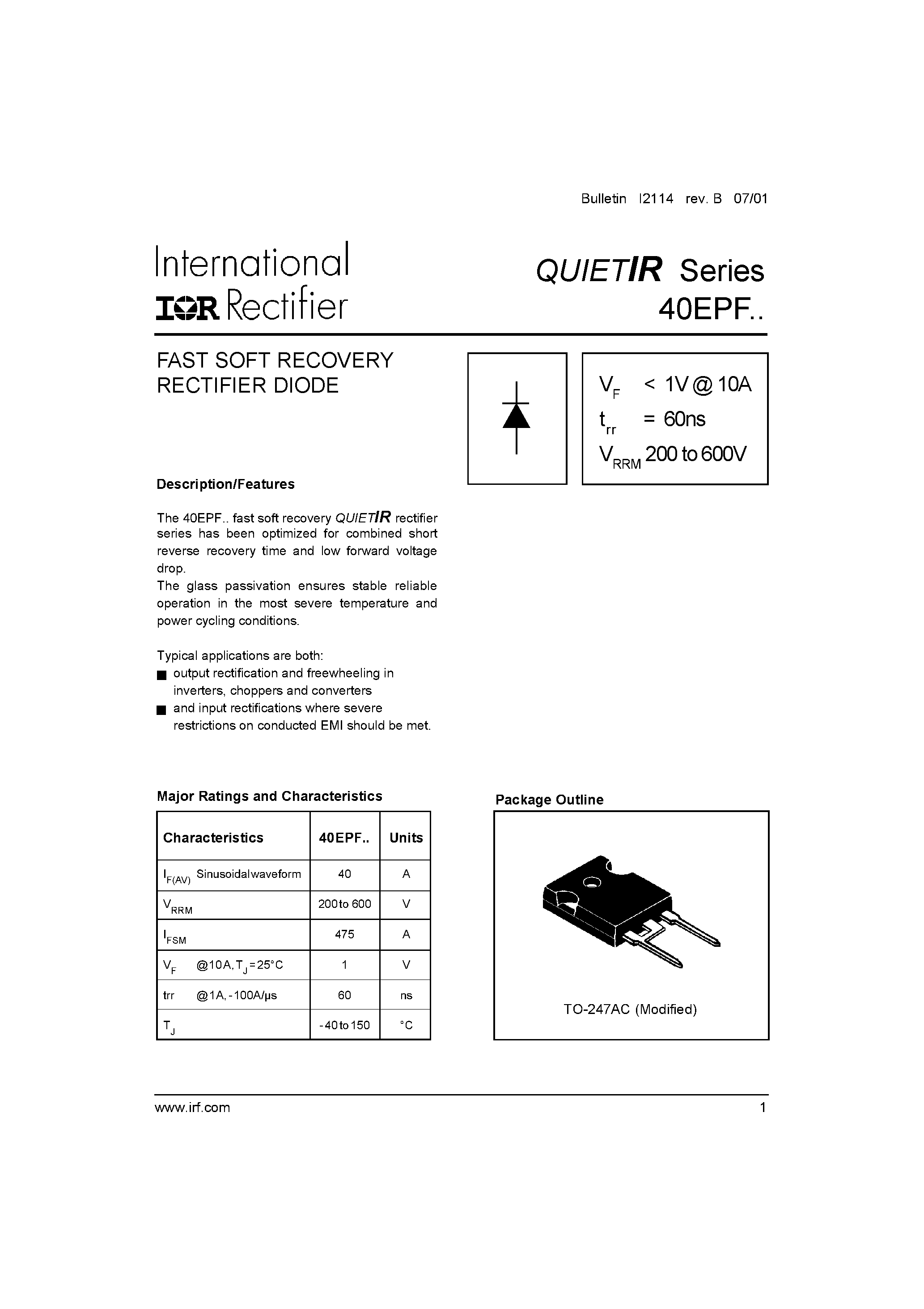 Datasheet 40EPF04 - FAST SOFT RECOVERY RECTIFIER DIODE page 1