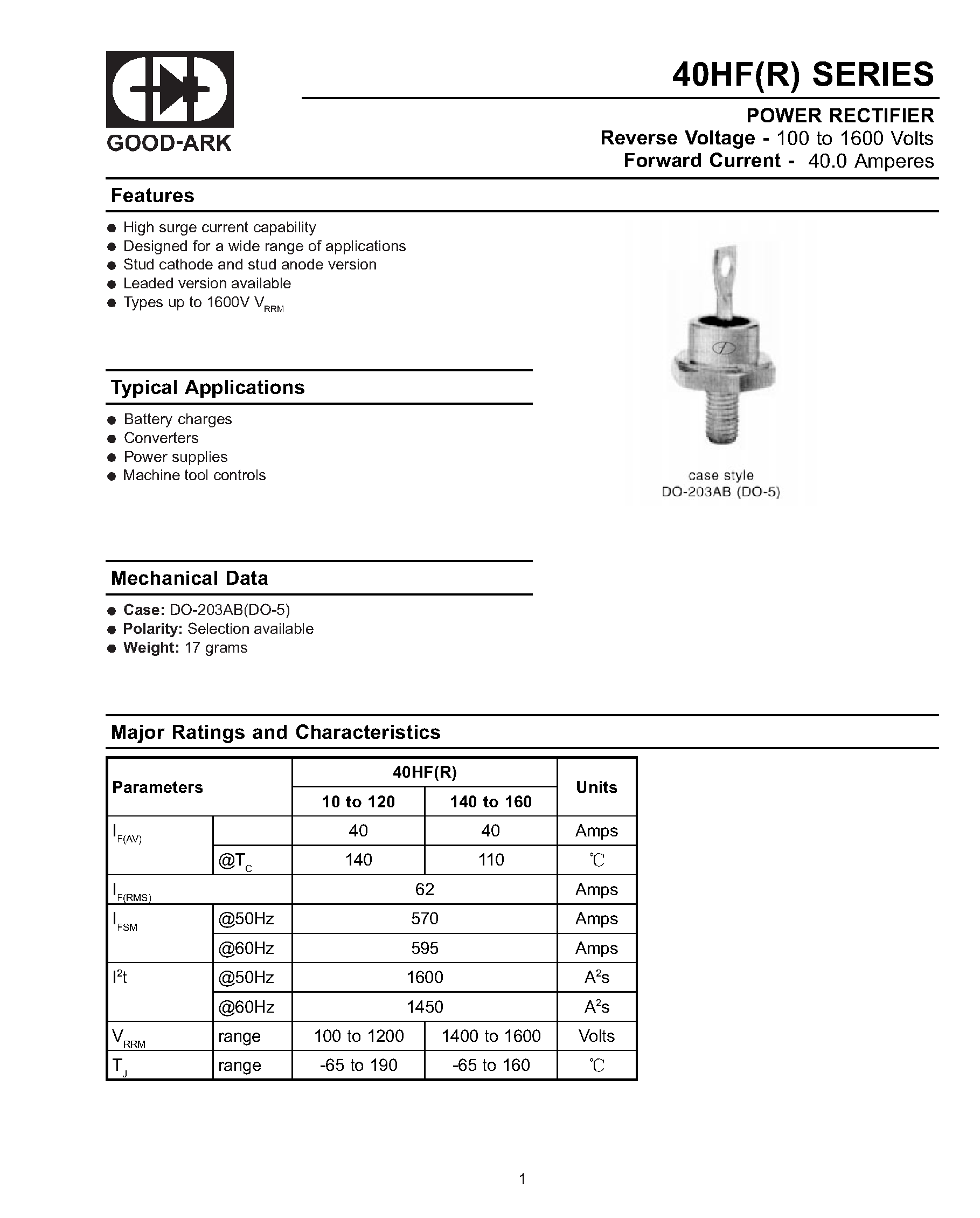 Datasheet 40HF100 page 1 Datasheet 40HF100 - POWER RECTIFIER page 1