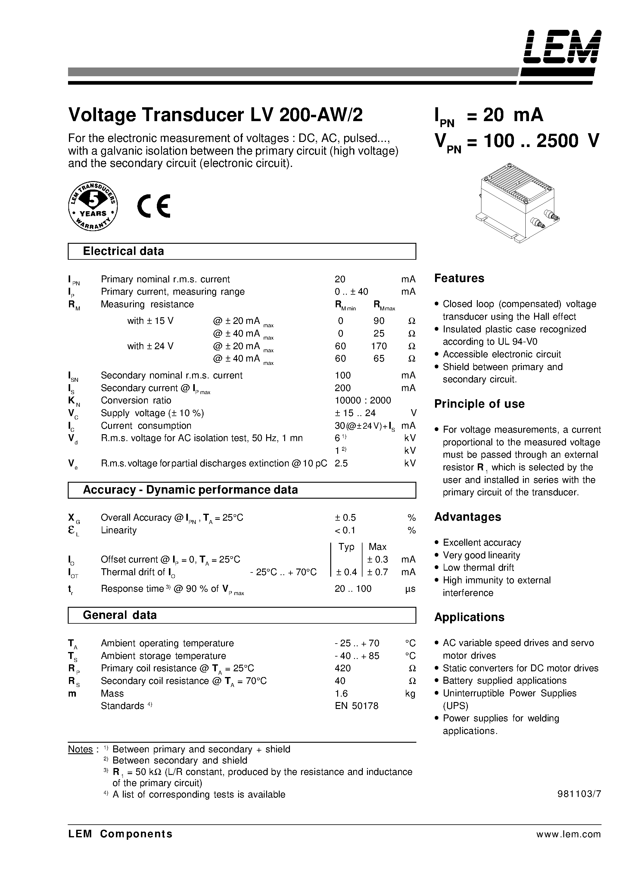 Datasheet LV200-AW - Voltage Transducer LV 200-AW/2 page 1